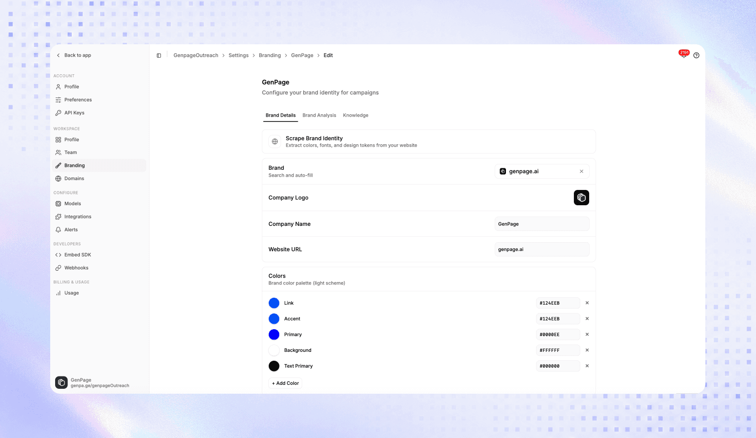 GenPage brand profile built automatically from your website to guide all AI page generation