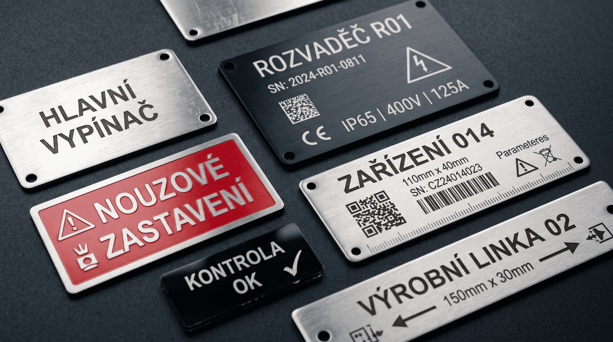 Kovové štítky s bezpečnostními nápisy, QR kódy a měřicí stupnicí