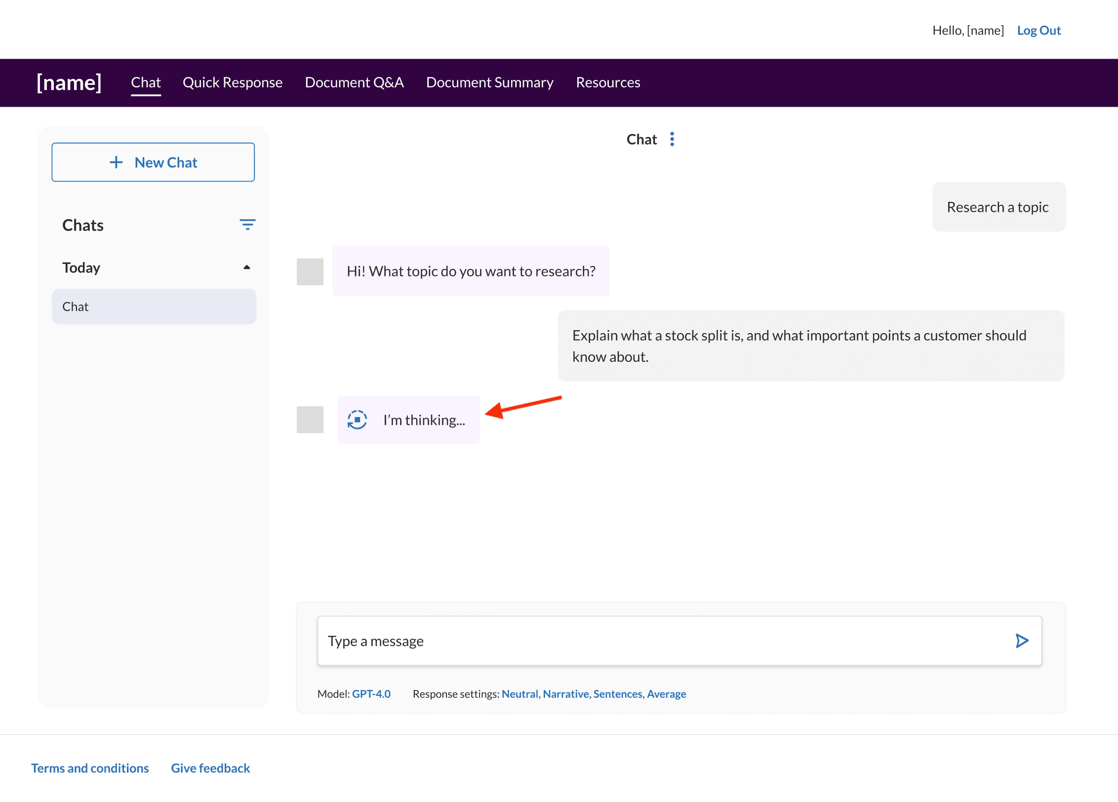 A red arrow points out a chat bubble showing the progress of the AI forming a response.