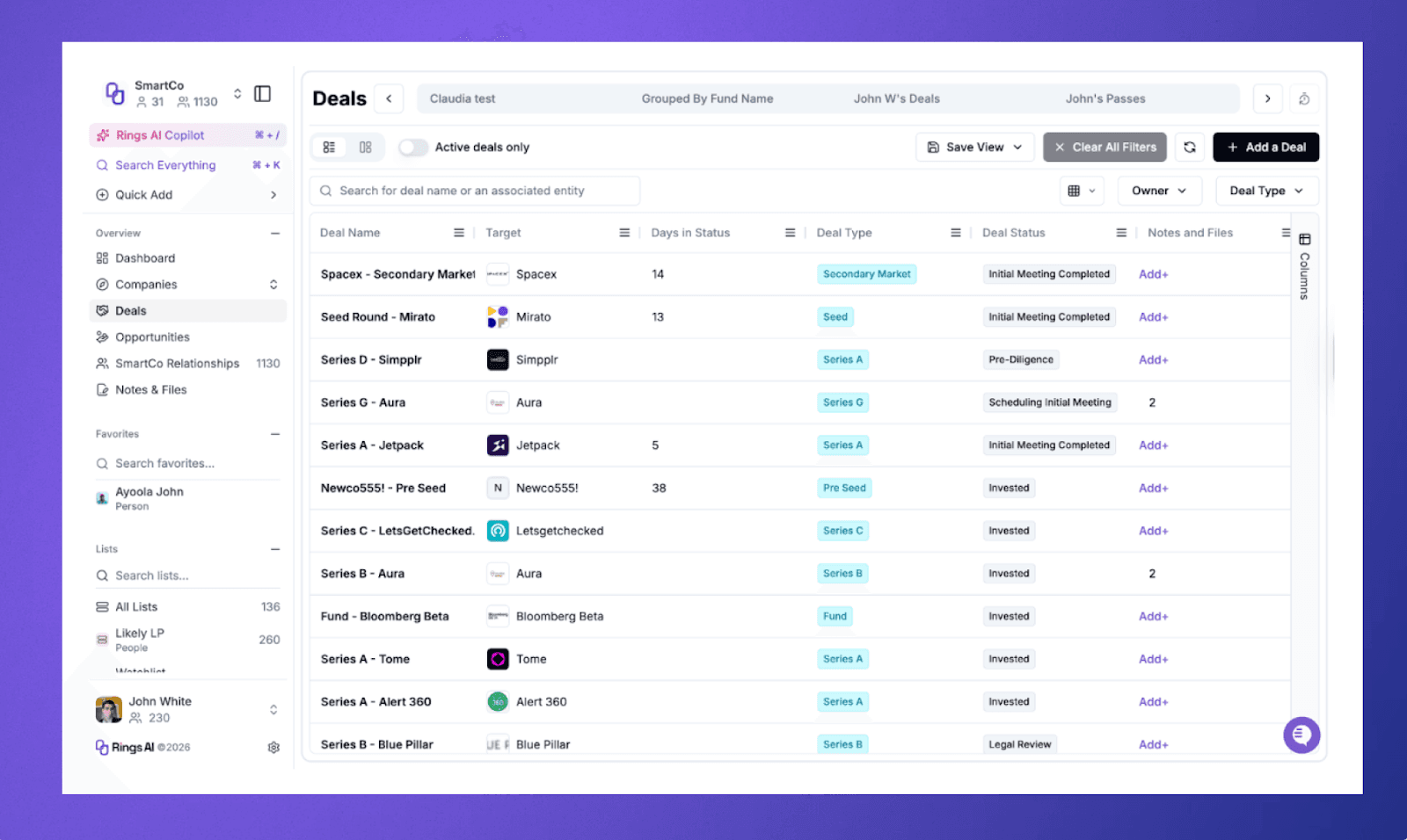 Customizable deal views in Rings AI let teams adapt pipeline structure, stages, and filters to match how deals actually move, without rebuilding the CRM.