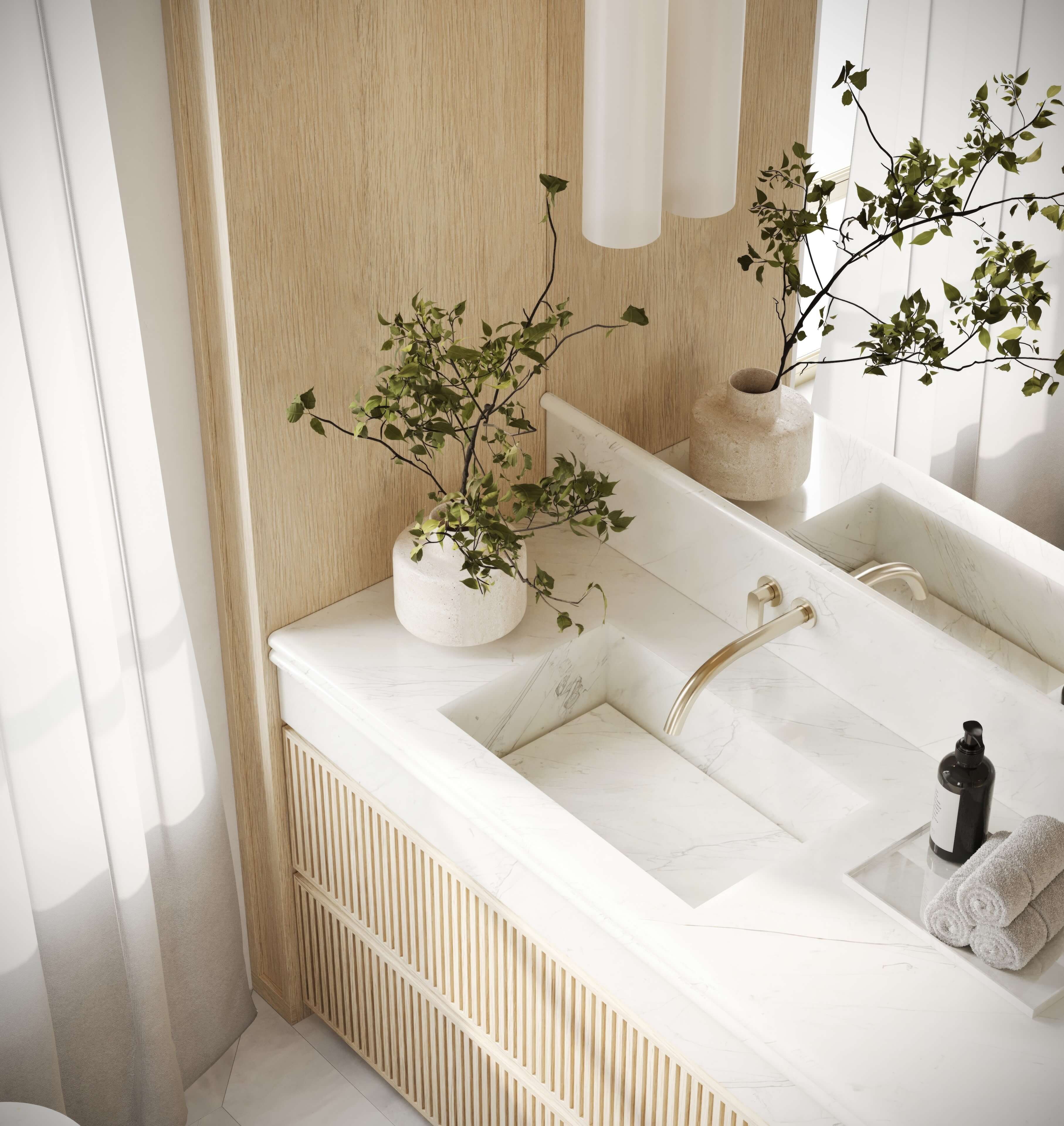 A modern bathroom with a dual sink setup, wooden cabinetry, and a plant