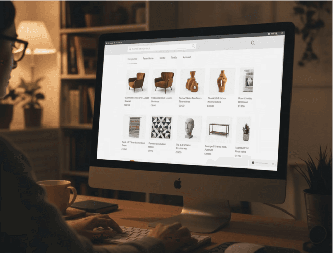 A desktop screen displaying an elegant online gallery of designer furniture and decor, highlighting the seamless transition from collection to digital management.