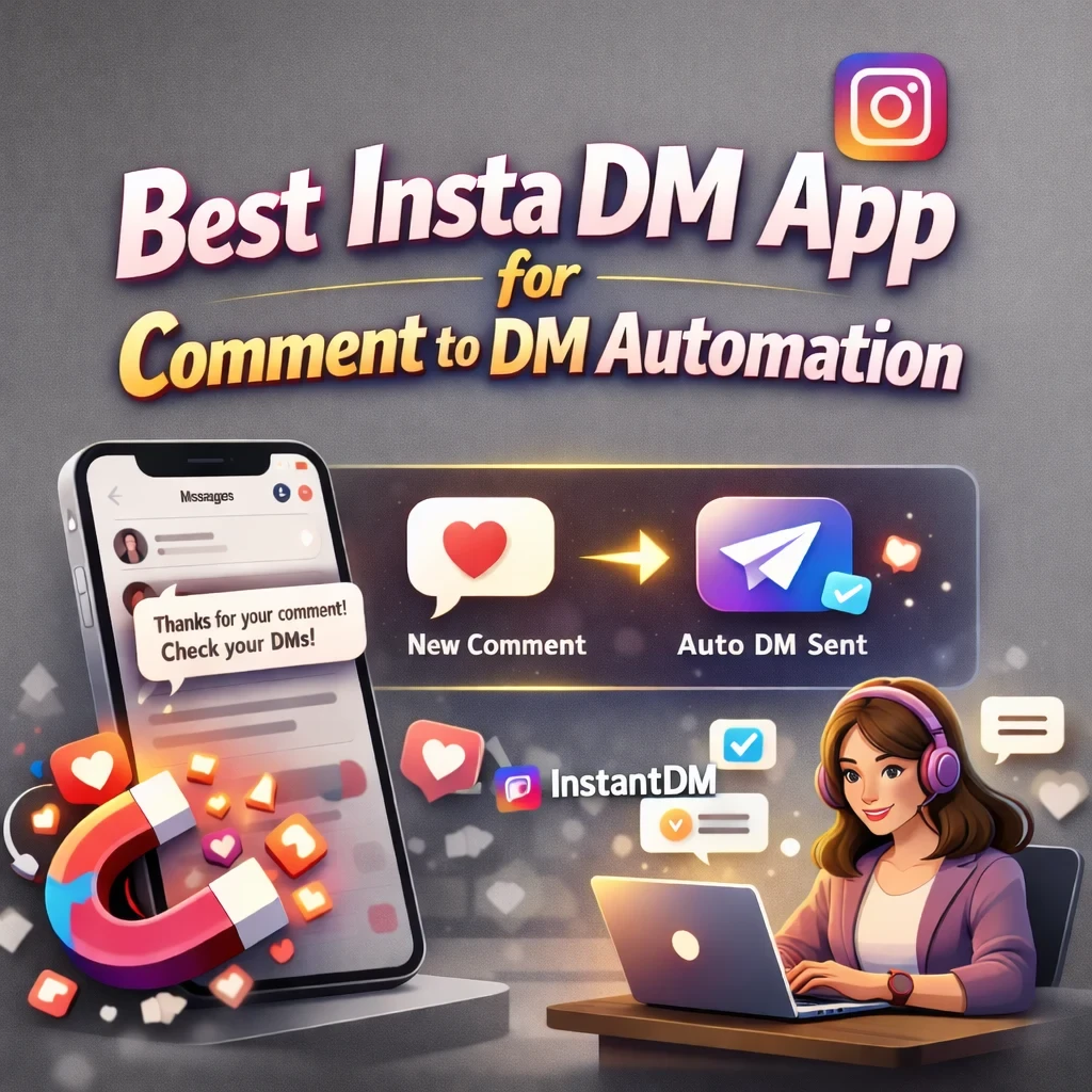 “Best Insta DM app for comment to DM automation with InstantDM logo, showing Instagram comment trigger and automated direct message workflow.”