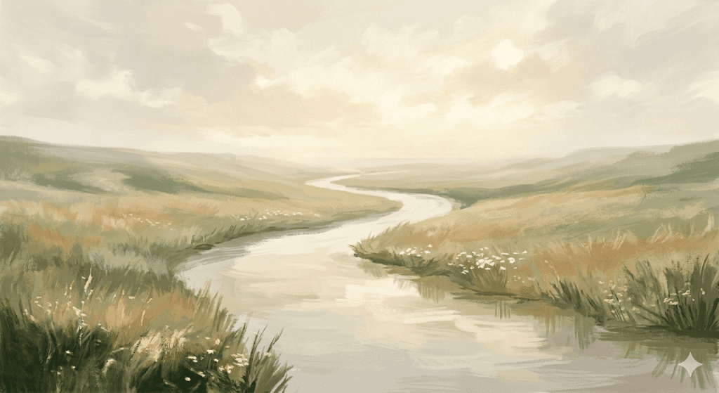 A serene landscape painting depicting a meandering river flowing through expansive green meadows under a softly clouded sky, evoking a sense of tranquility and nature's beauty.