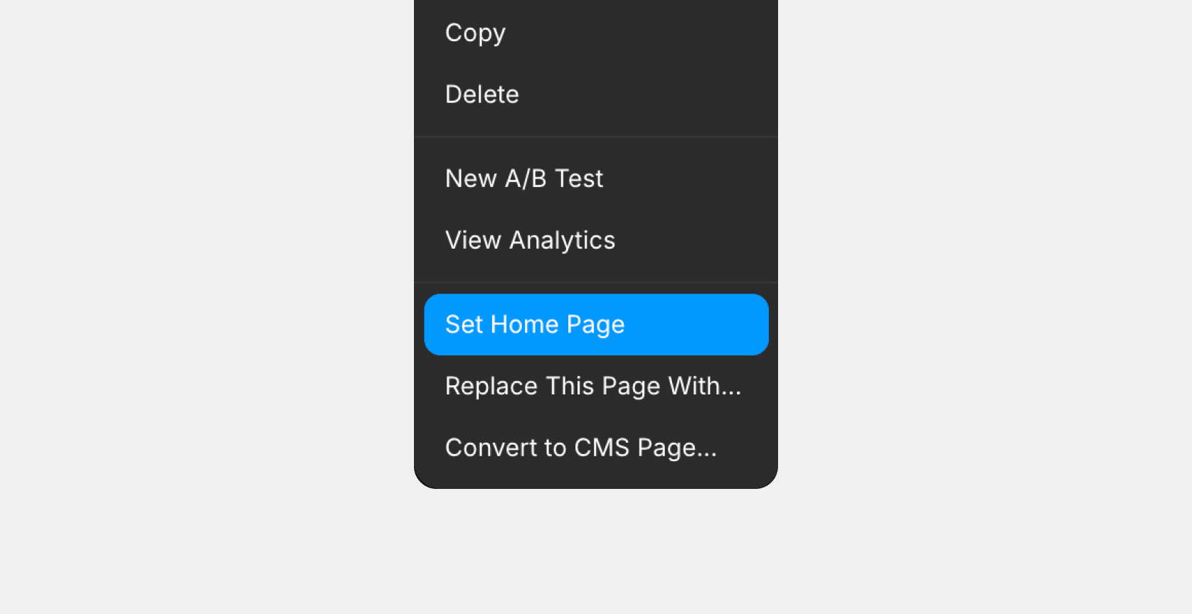 Context menu in Framer with the option “Set Home Page” highlighted