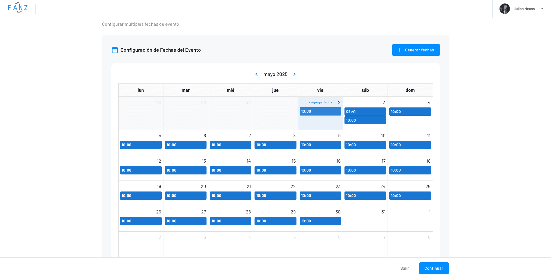 calendario para generar automaticamente todas las fechas del evento en simultaneo