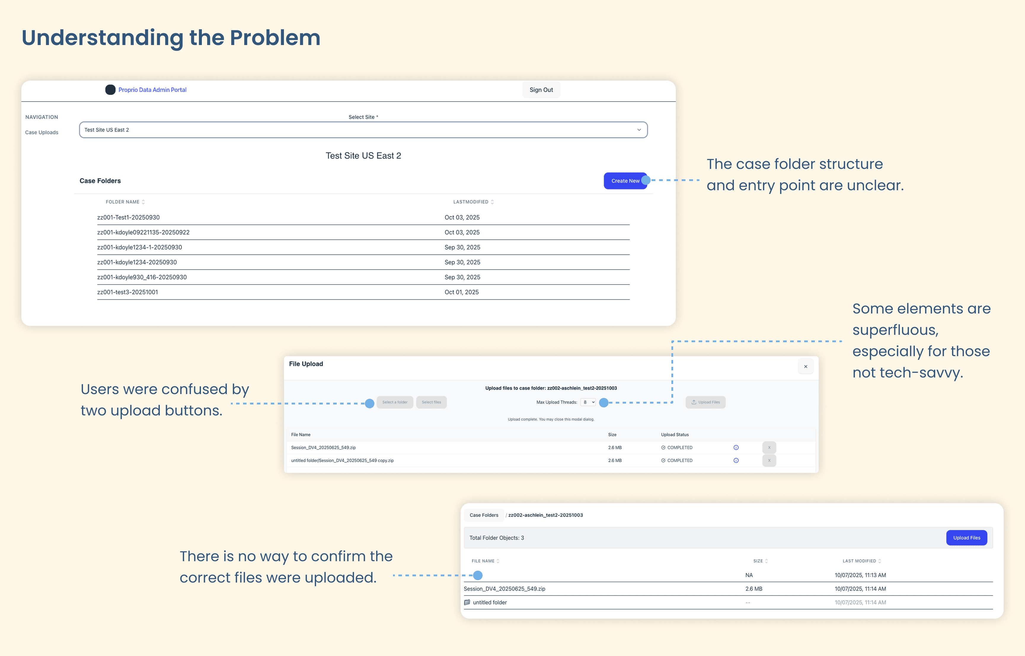 Image of case upload portal proof of concept with description of usability issues
