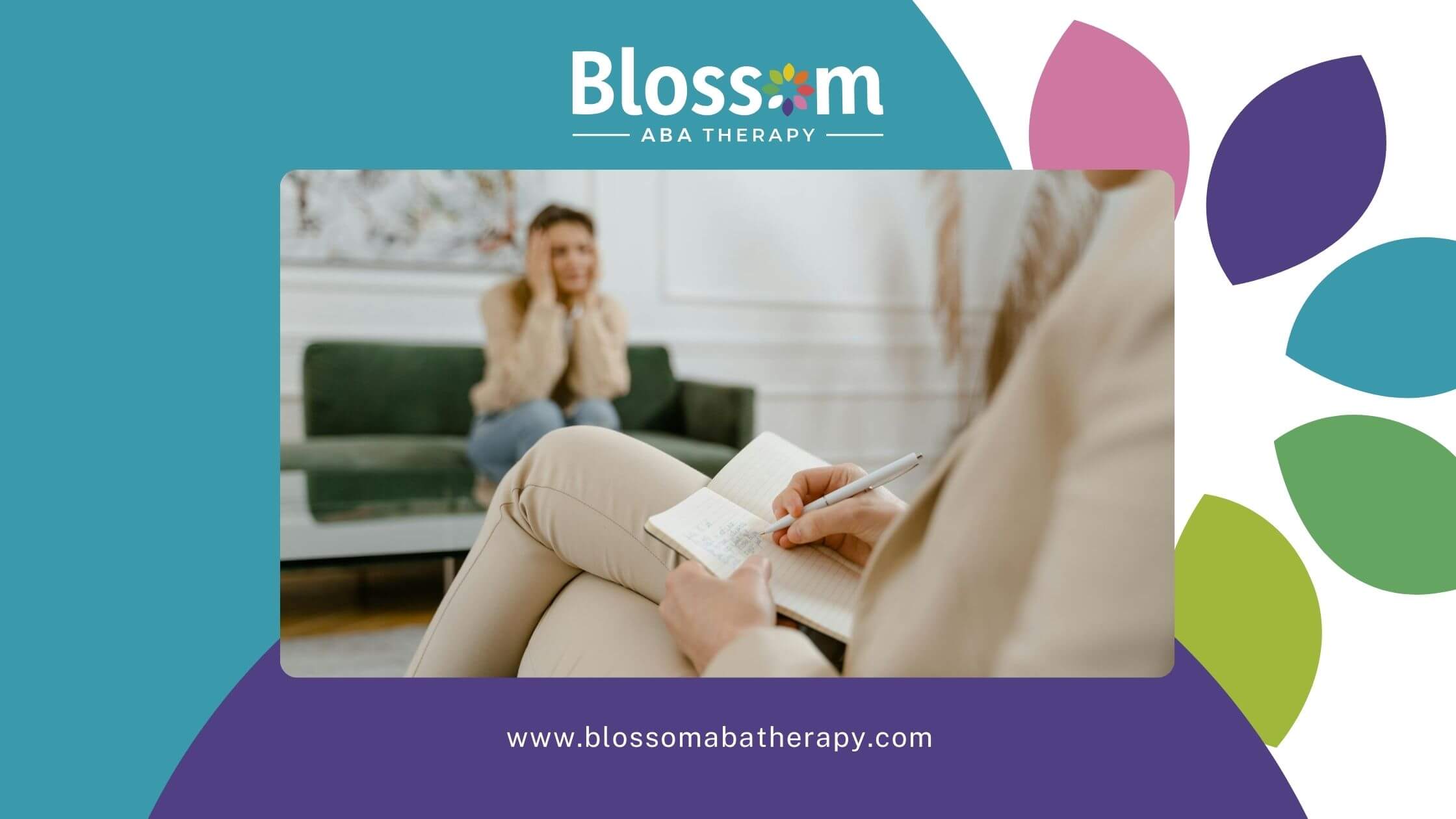 Therapist writing notes in a notebook while a stressed woman sits on a couch in the background during a session.
