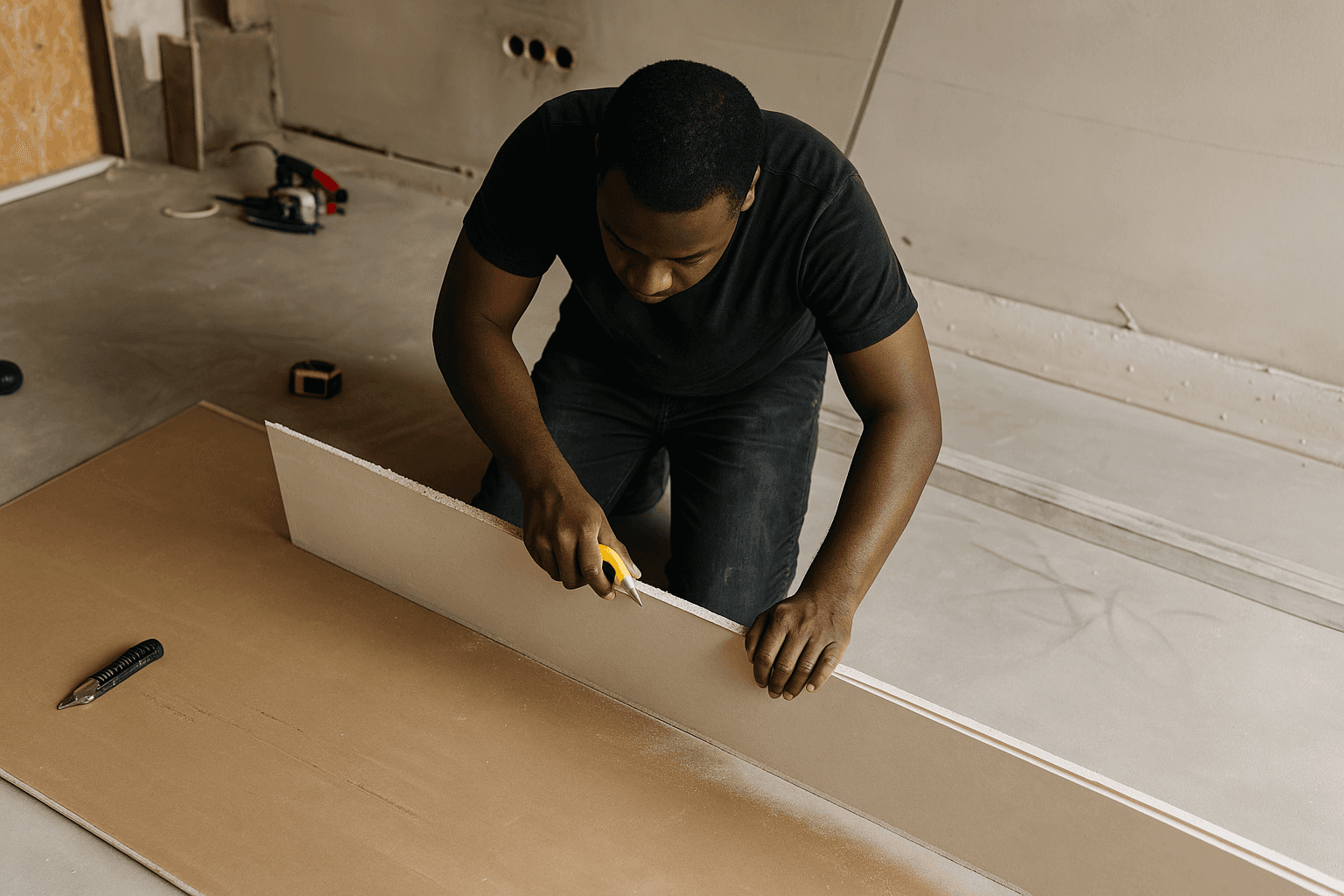 Une personne vêtue d'une chemise noire est agenouillée sur un sol en béton et utilise un couteau utilitaire jaune pour découper une plaque de plâtre. Des outils sont éparpillés autour d'elle, indiquant qu'il s'agit d'un chantier de construction.