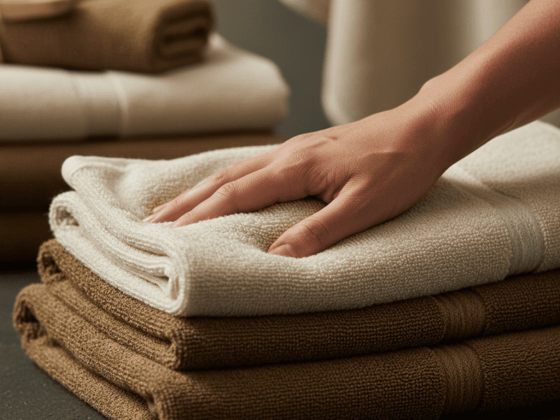 Hand pressing into a folded plush spa towel showing the softness and loft of the pile