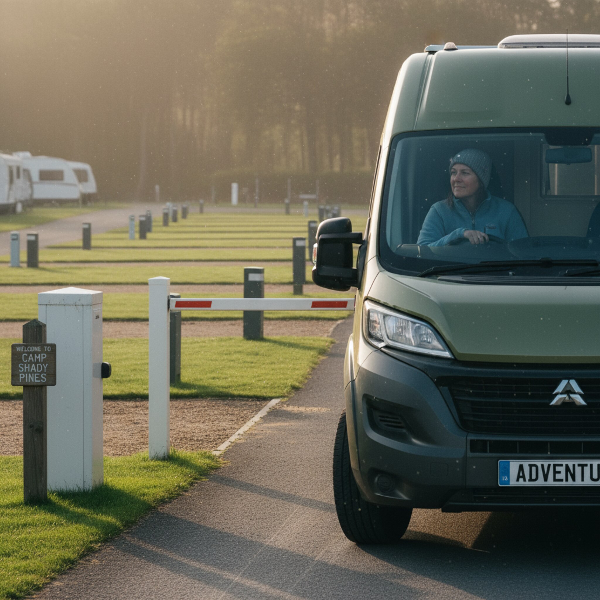 Ein Camper hält kurz vor einer weißen Schranke, die Nummerntafel glänzt im Morgenlicht. Hinter der Einfahrt reihen sich gepflegte Stellplätze ordentlich aneinander. Ein leichter Wind bewegt die Baumwipfel, feine Staubkörner tanzen in der Luft. Alles deutet auf einen fließenden Anreiseprozess hin.
