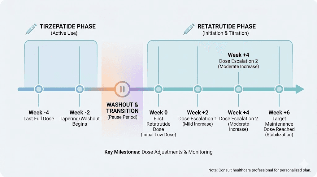 Tirzepatide to retatrutide transition timeline showing week-by-week milestones
