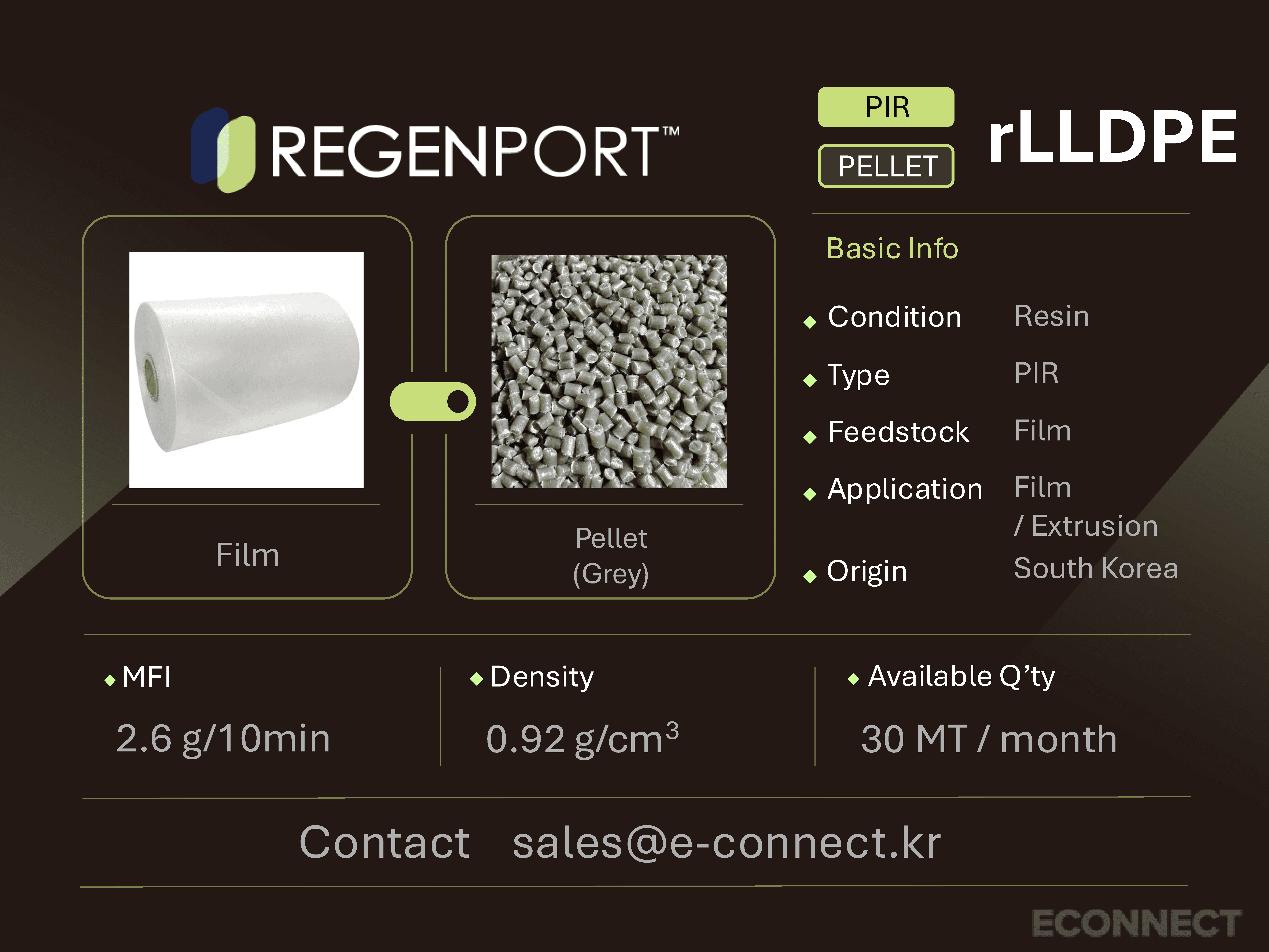 rLLDPE PIR resin spec card - Post-industrial film scrap to pellet form