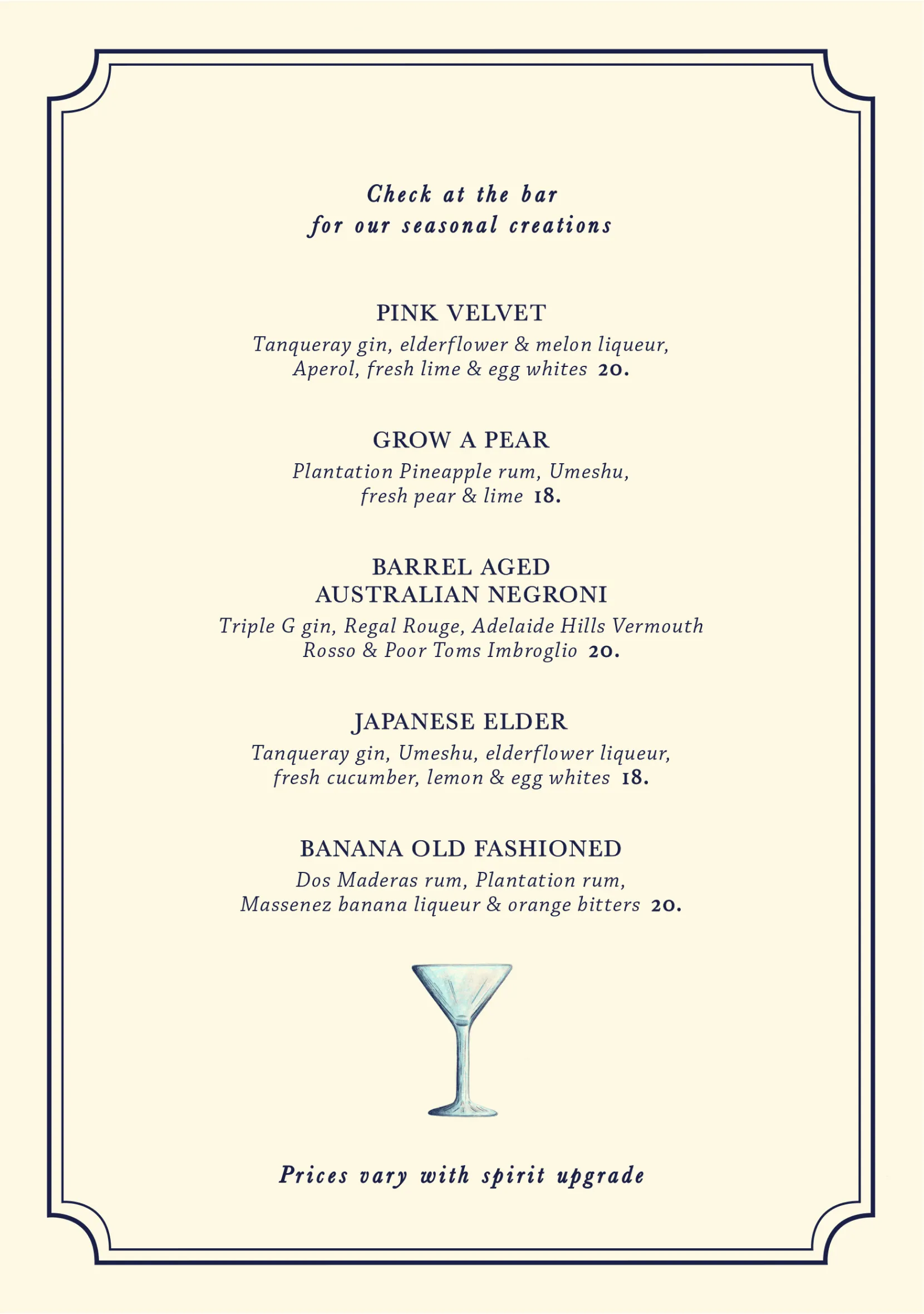 Small Bar cocktail menu design, showing the House Cocktails second page