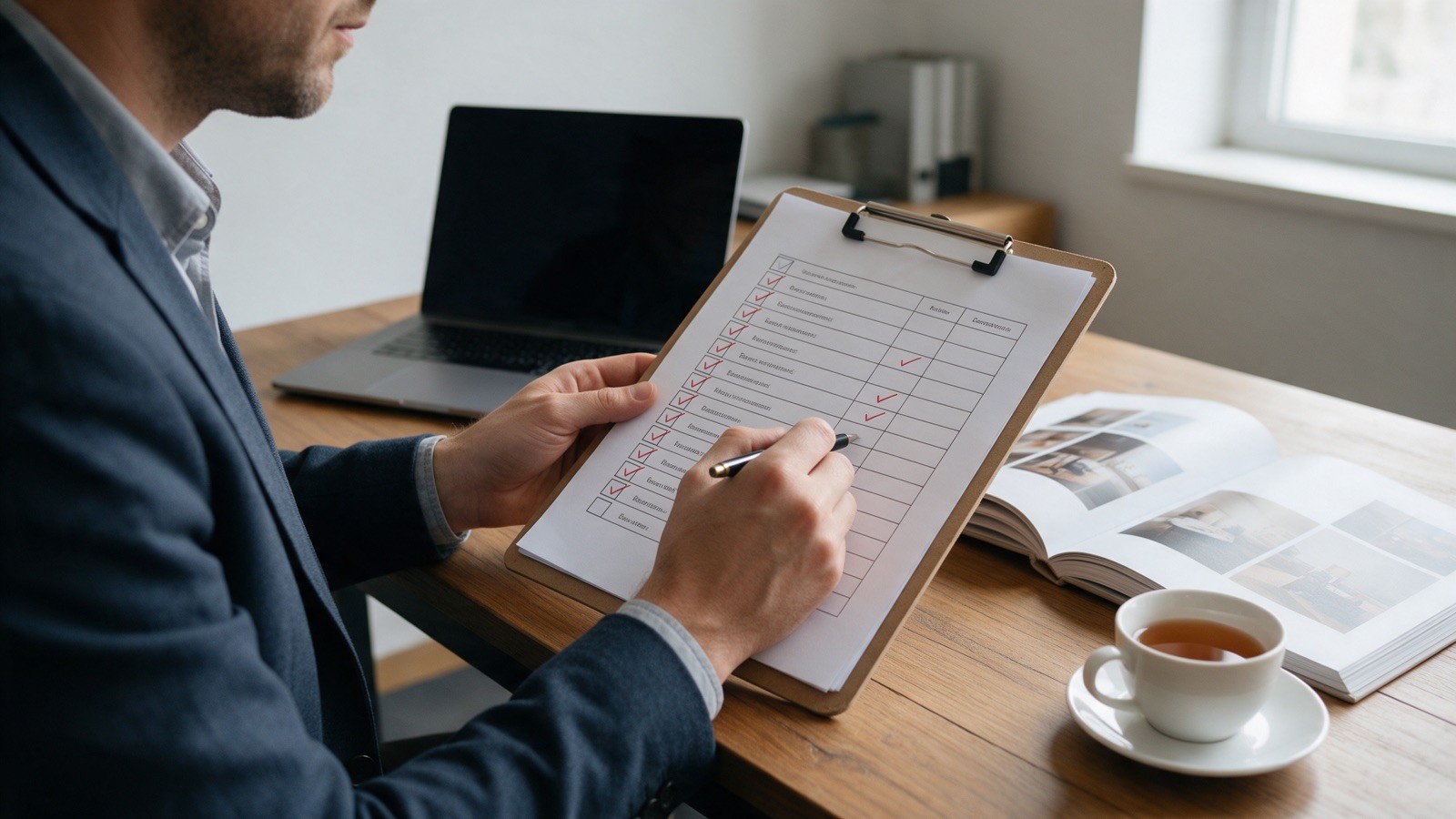Business owner working through a photobook software buyer checklist