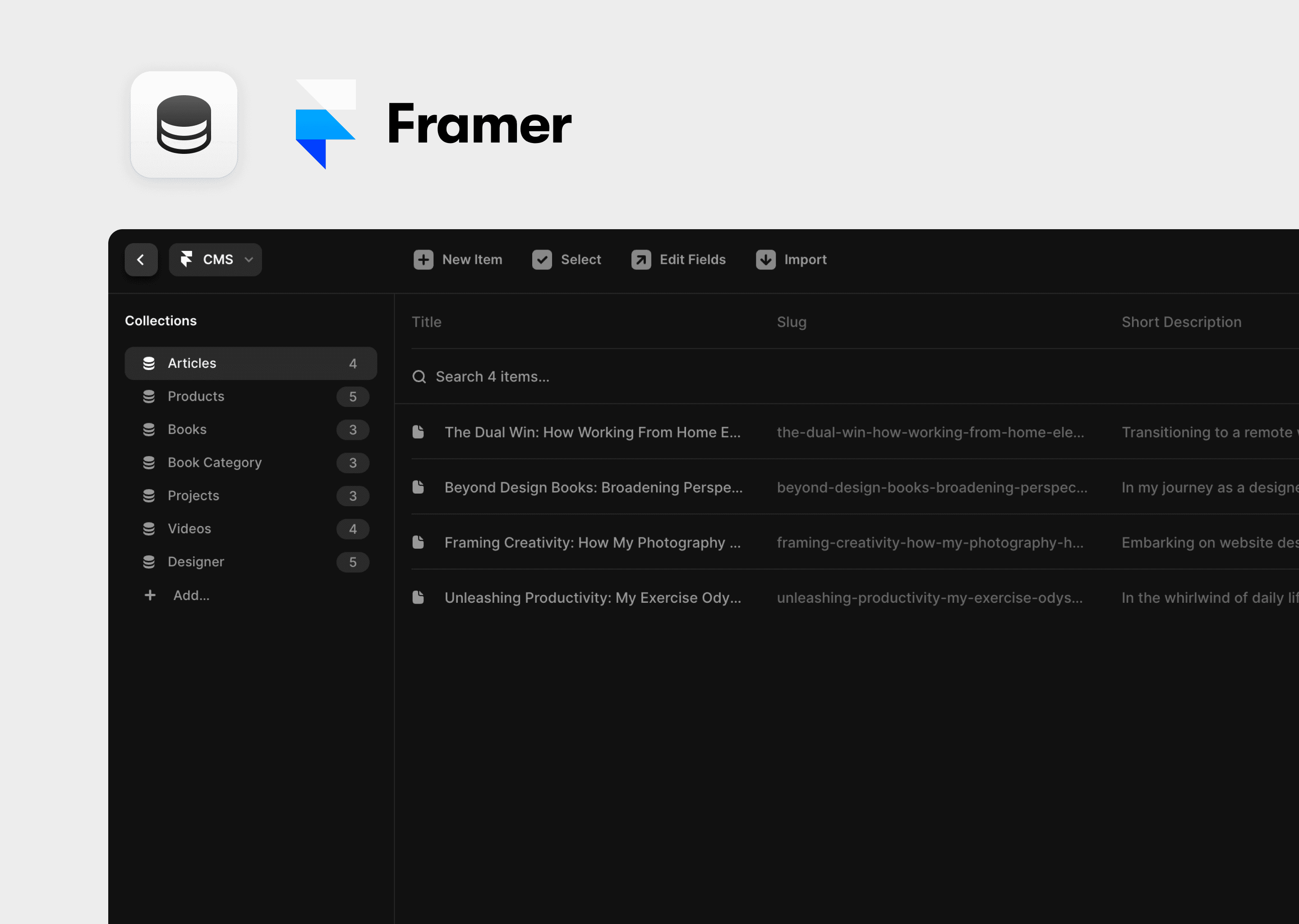 Preview of Dashbar Framer Template's CMS Collections