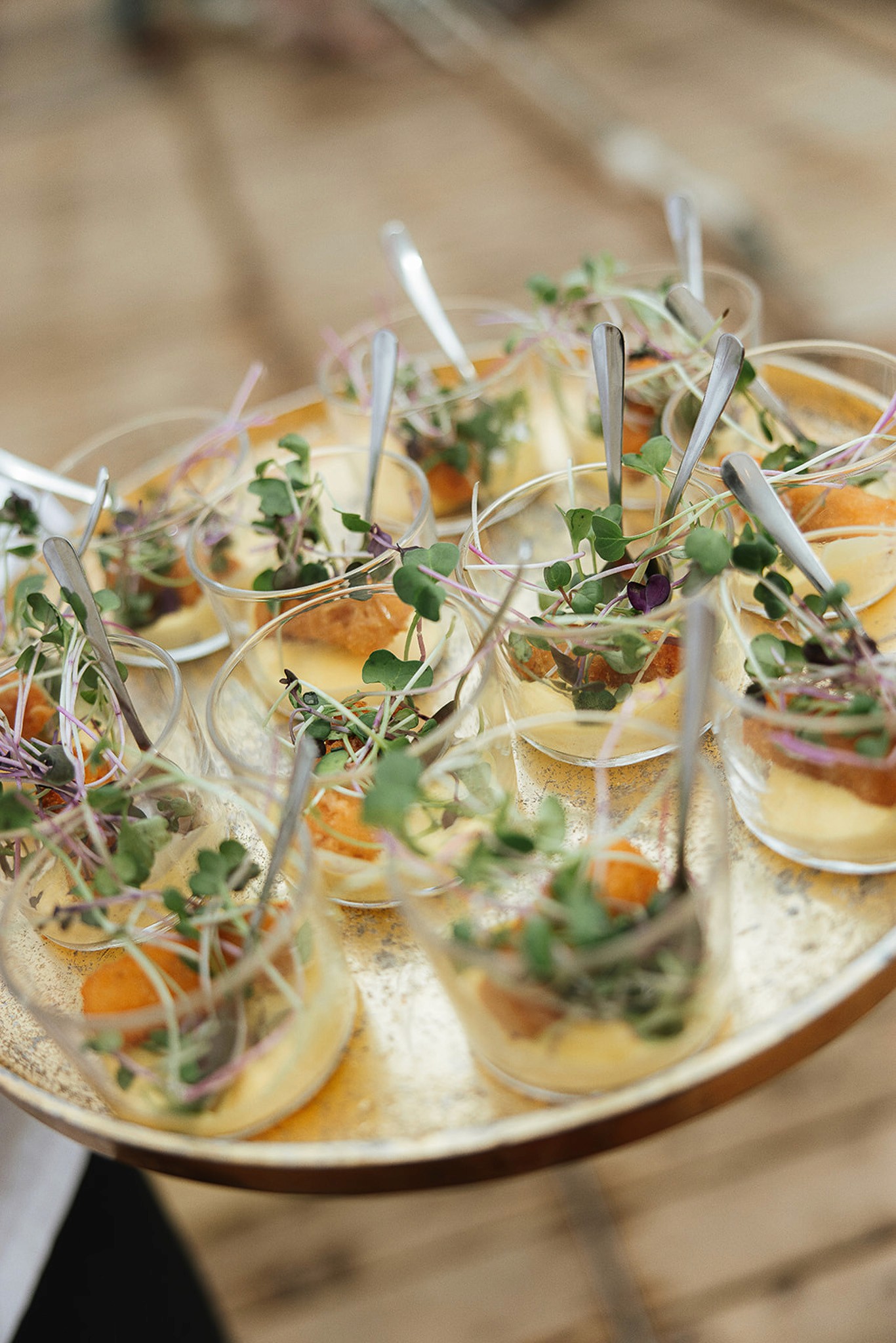 White plate with roasted carrots served on green sauce, topped with almonds and fresh herbs, held by a hand over a dark table.