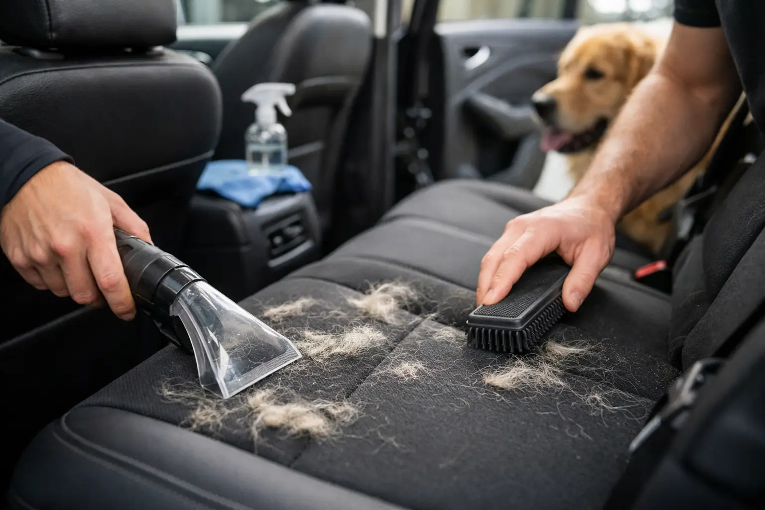 Dog hair being cleaned from car interior