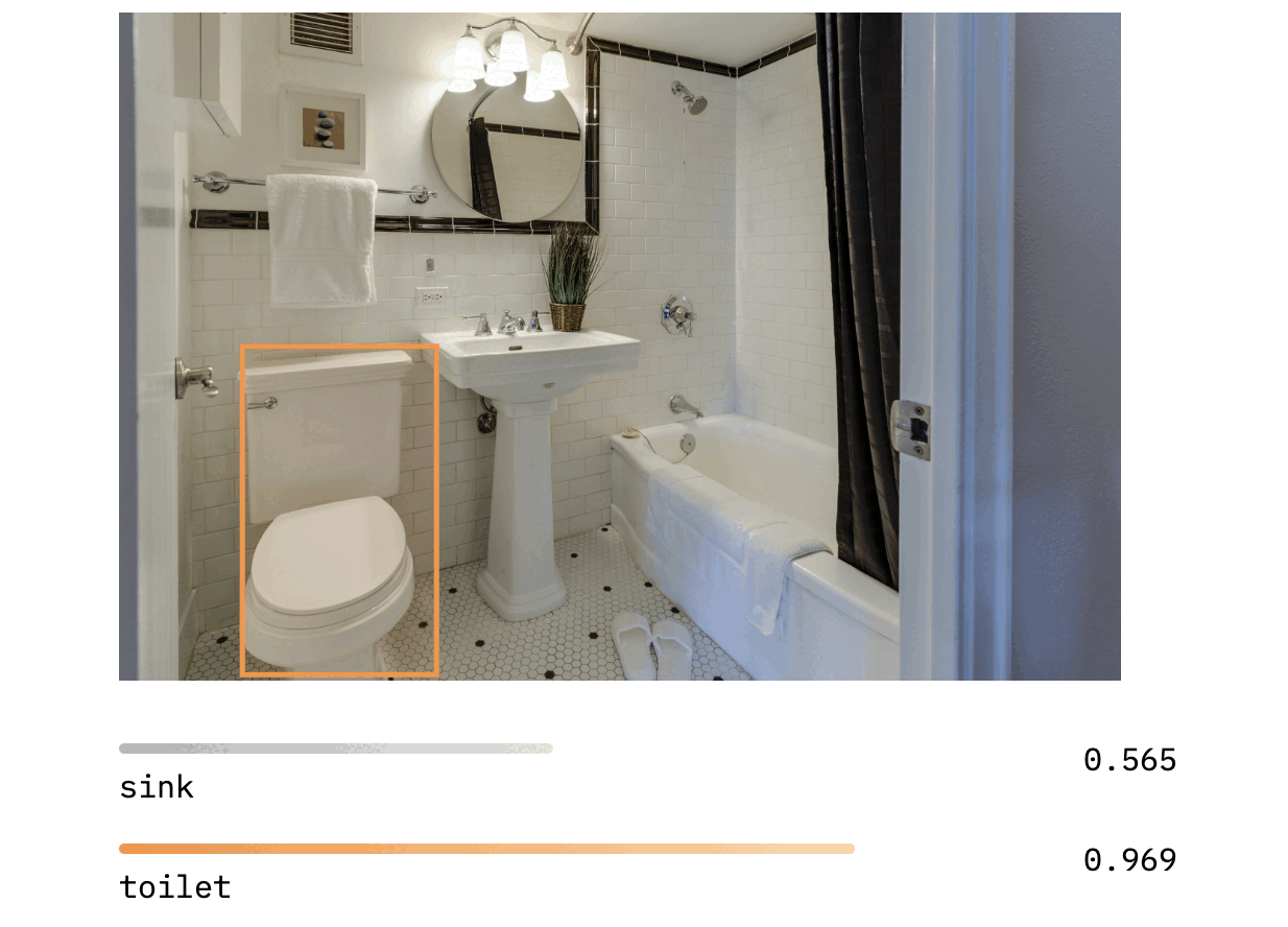 Object detection AI with bathroom objects highlighted with bounding boxes.