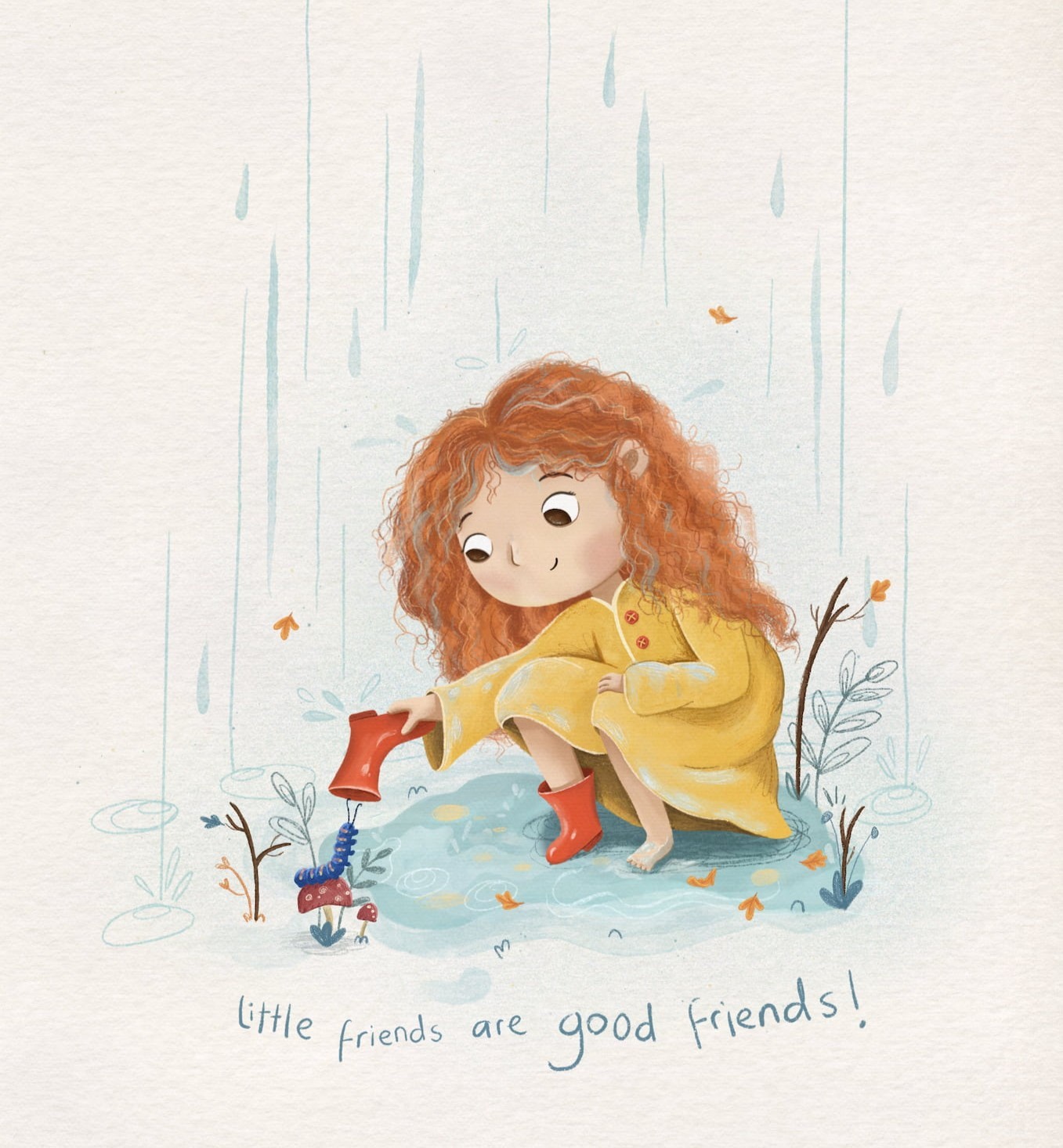 A girl in a yellow raincoat shielding a blue caterpillar from the rain with her red boot.