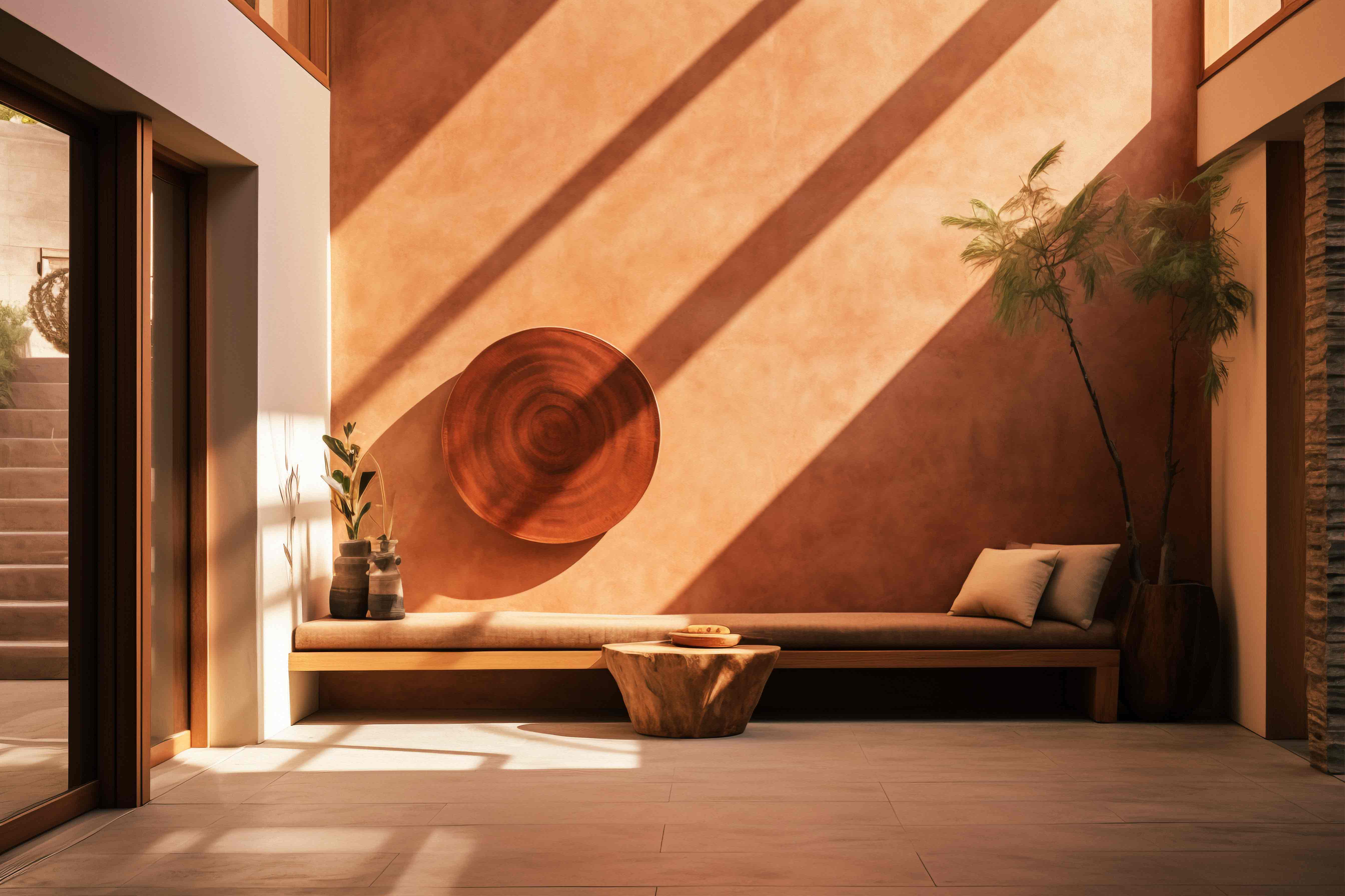 Terracotta wall interior with wooden architectural elements and dramatic natural light.