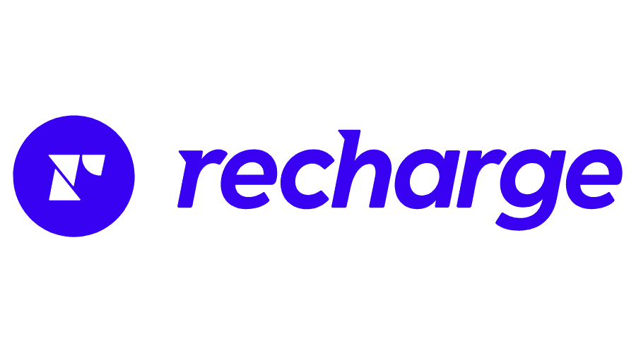 Logo of Recharge featuring a blue circle with a stylized "r" and the word "recharge" in bold purple text.