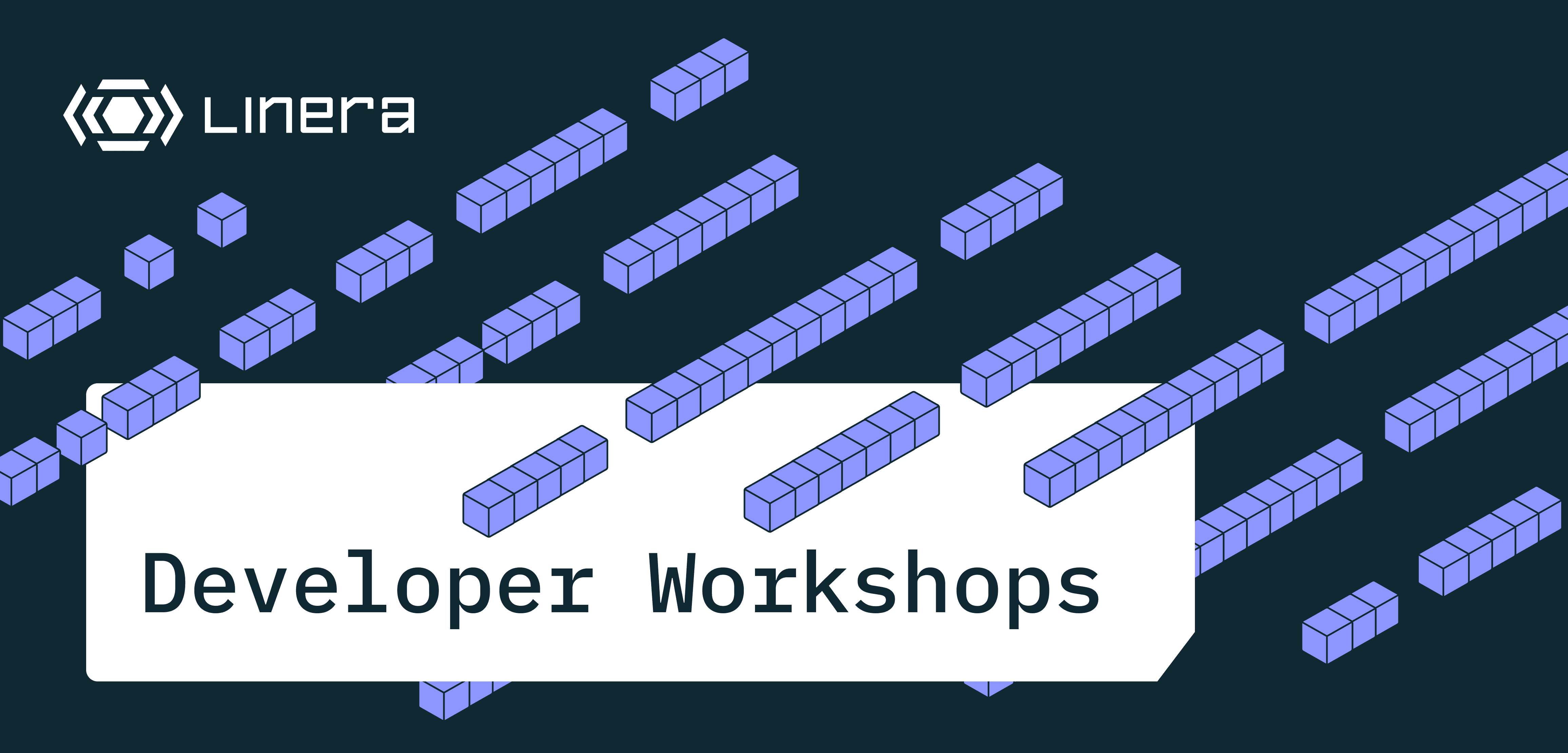 Linera logo in teal at the top left corner on a dark blue background. Large teal text reads '2025 Developer Workshops' in a modern, monospaced font inside a dark blue rounded rectangle. A stylized geometric sunburst pattern in dark teal is in the top right corner.
