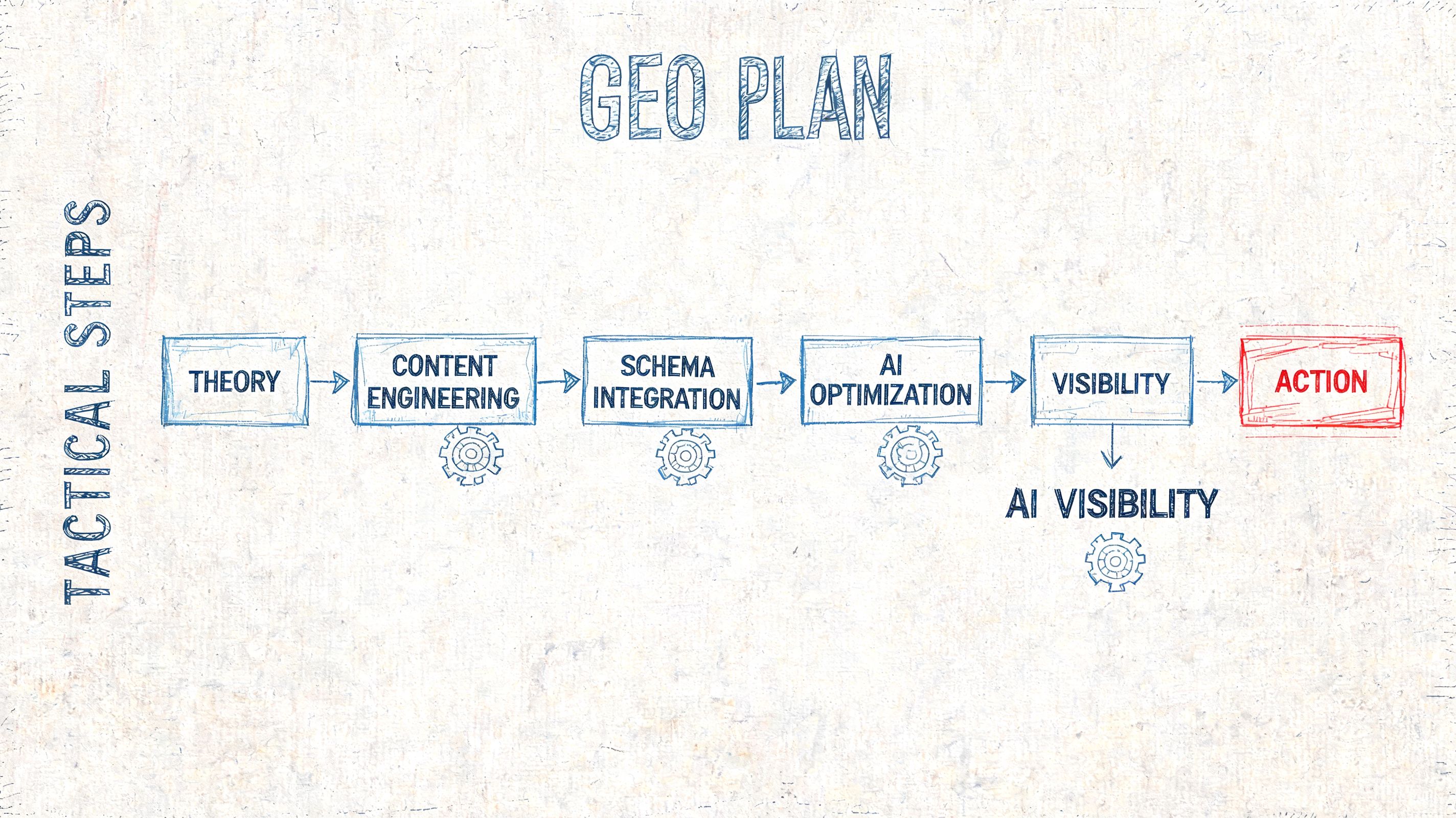 A hand-drawn flowchart titled GEO Plan showing the tactical steps for generative engine optimization implementation.
