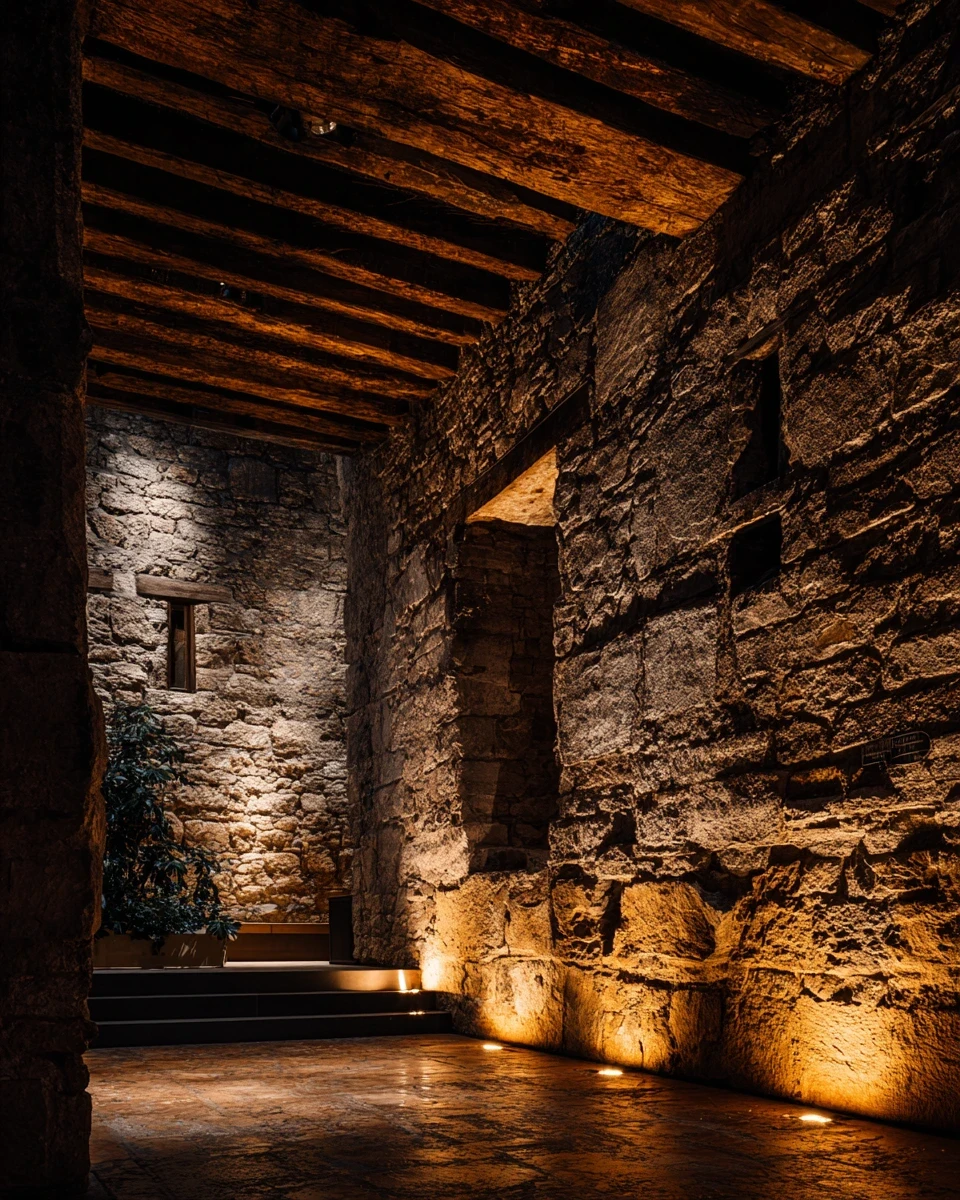 Mise en valeur du patrimoine à Gaillac : éclairage architectural chaleureux sur un mur en pierre naturelle lors d'une rénovation électrique signée Modelec.