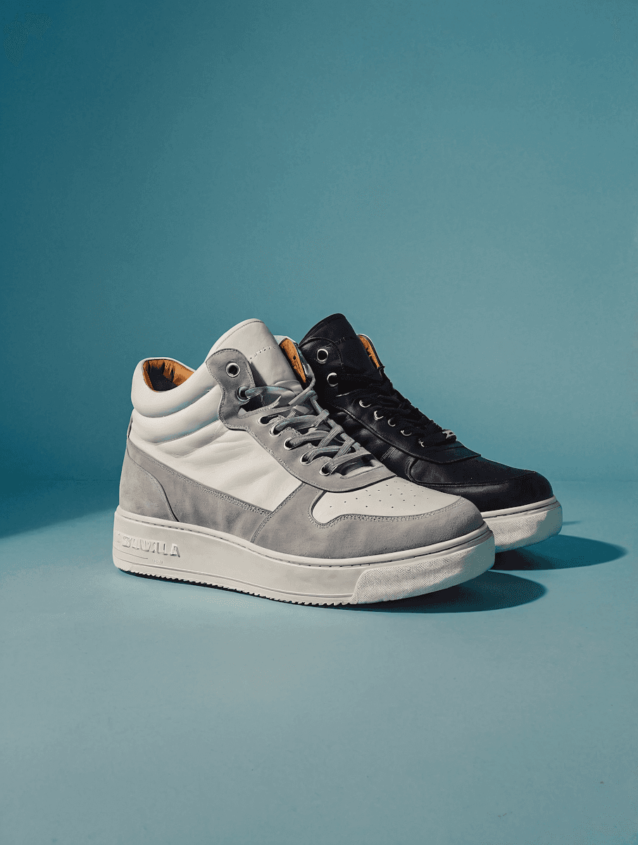 A white and grey high-top sneaker paired with a black version.