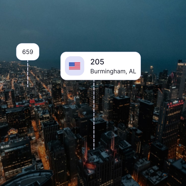 City skyline of Birmingham showing the 205 area code and surrounding area codes