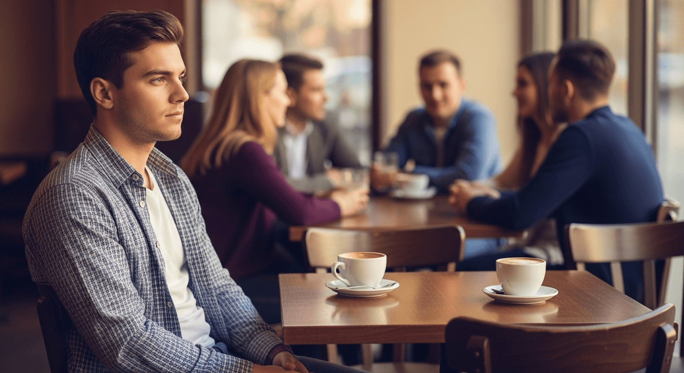 Young man sitting alone at a coffee shop looking distant while a group of friends chat behind him