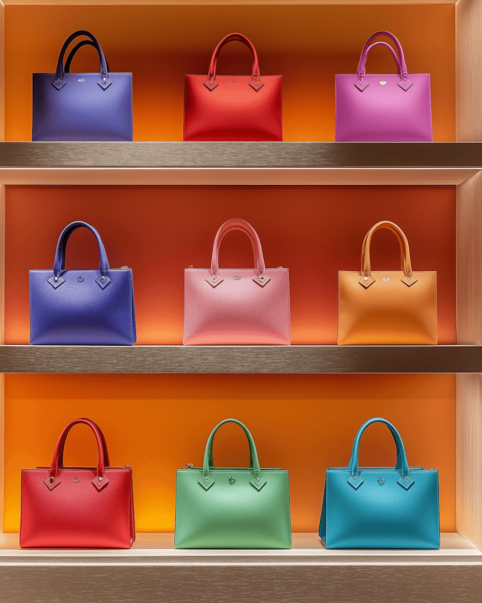 Nine colorful handbags displayed on illuminated shelves