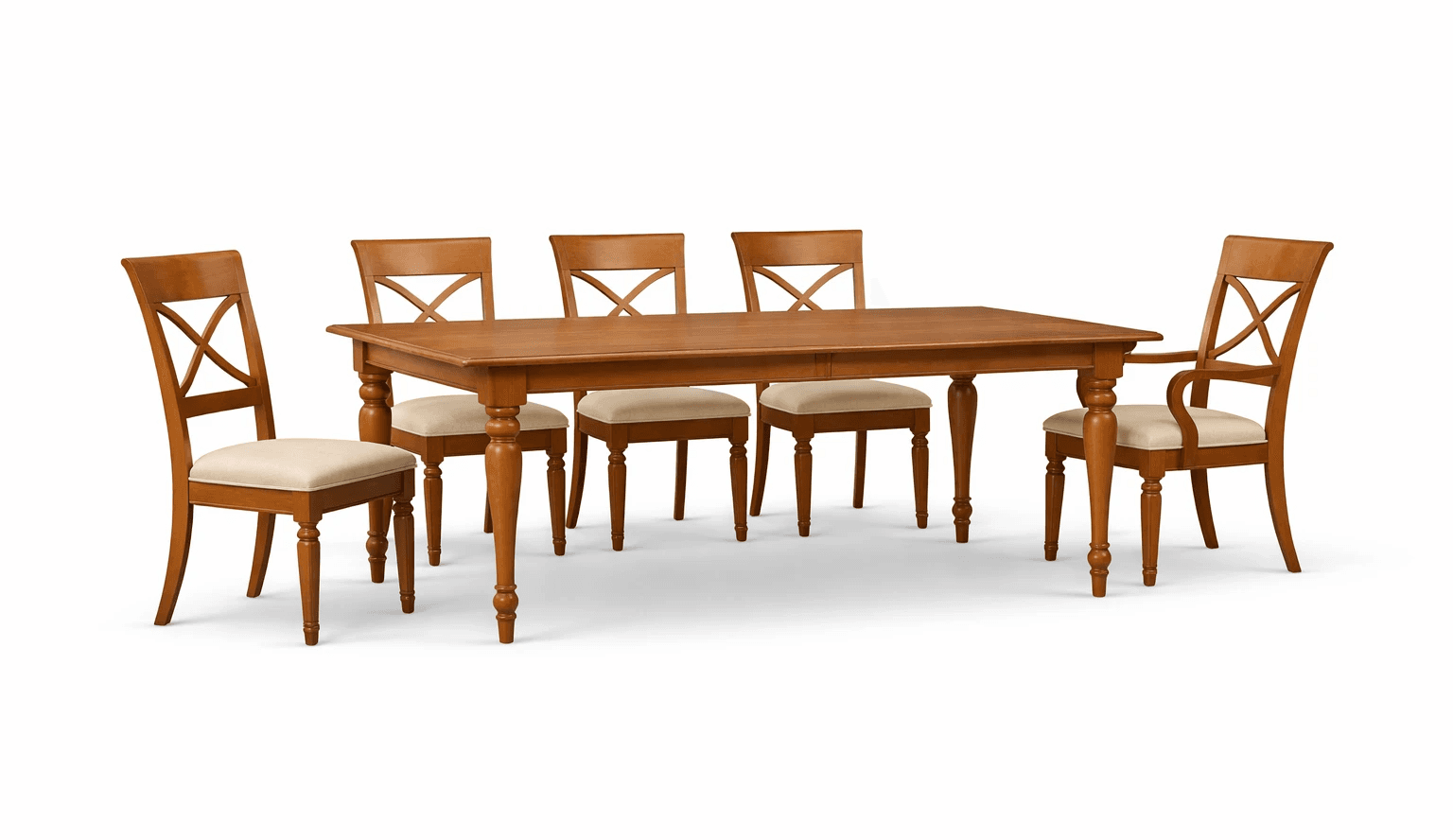 Traditional dining set surrounded by cross‑back wooden chairs, styled for formal family meals