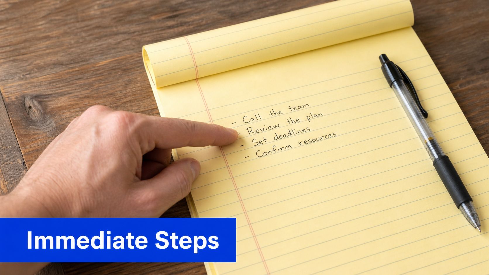 A person pointing to a handwritten list of professional tasks on a yellow legal notepad.