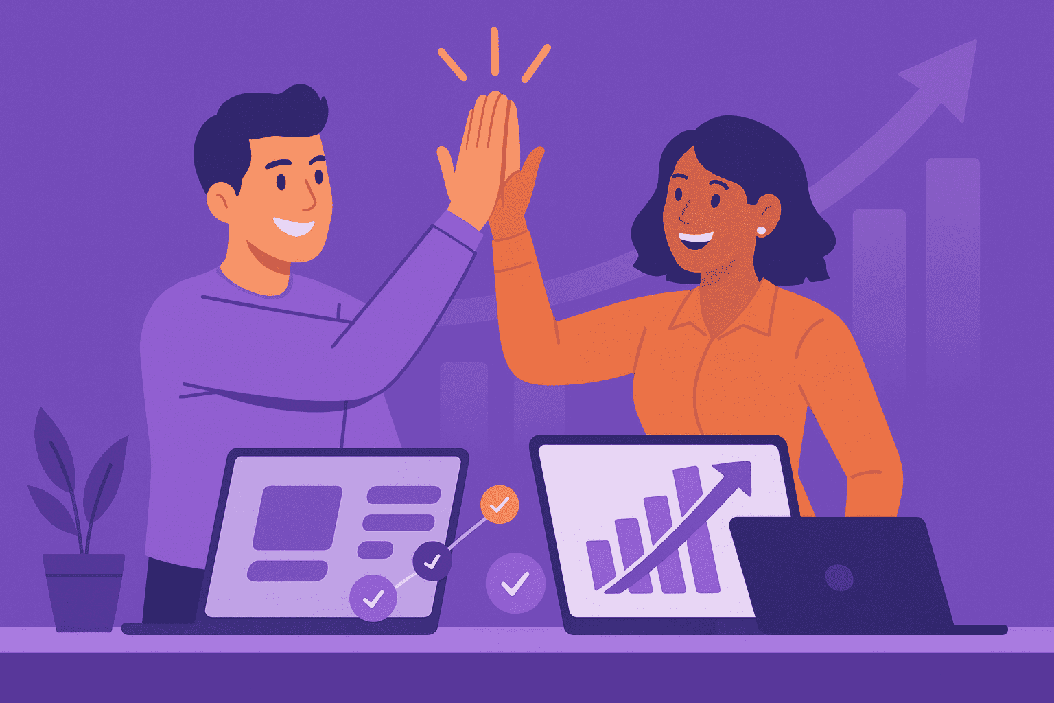 A flat-style digital illustration showing two coworkers high-fiving at their desks with laptops, celebrating teamwork and productivity, with upward charts in the background representing success.