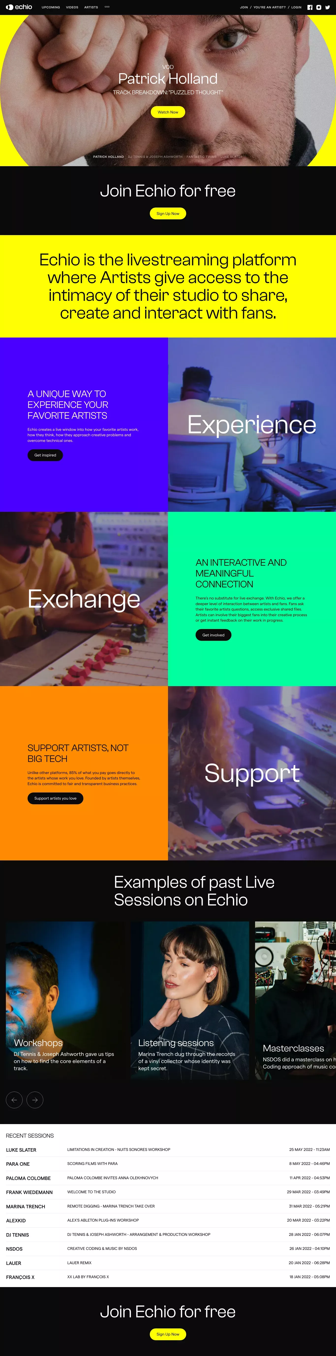 Echio landing page screenshot showcasing Tech and Music design