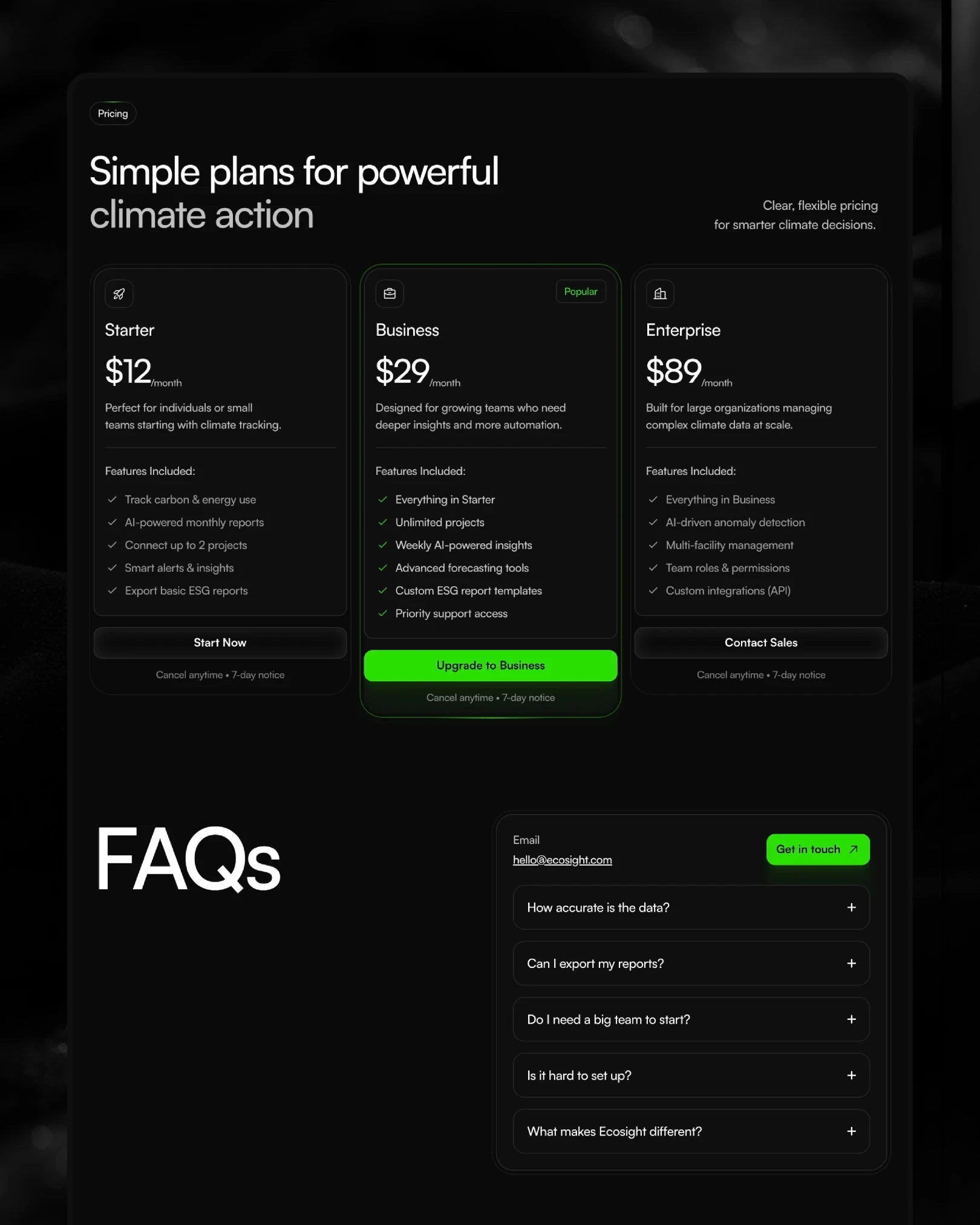 Ecosight pricing plans and FAQ section, dark SaaS layout — designed by Luna UI design studio