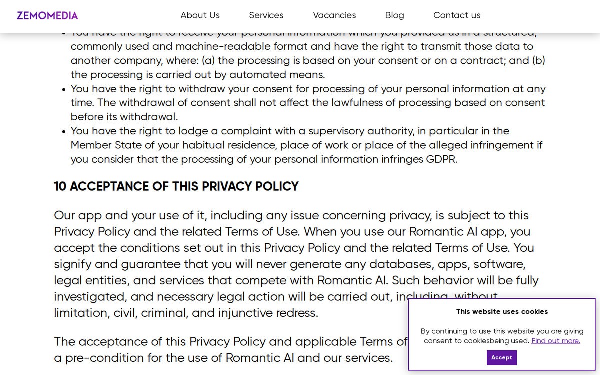 Zemomedia’s privacy policy for Romantic AI, naming the Espoo, Finland data controller, September 2026.