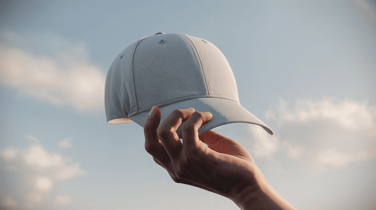 A hand holding a light gray baseball cap against a blue sky with scattered clouds