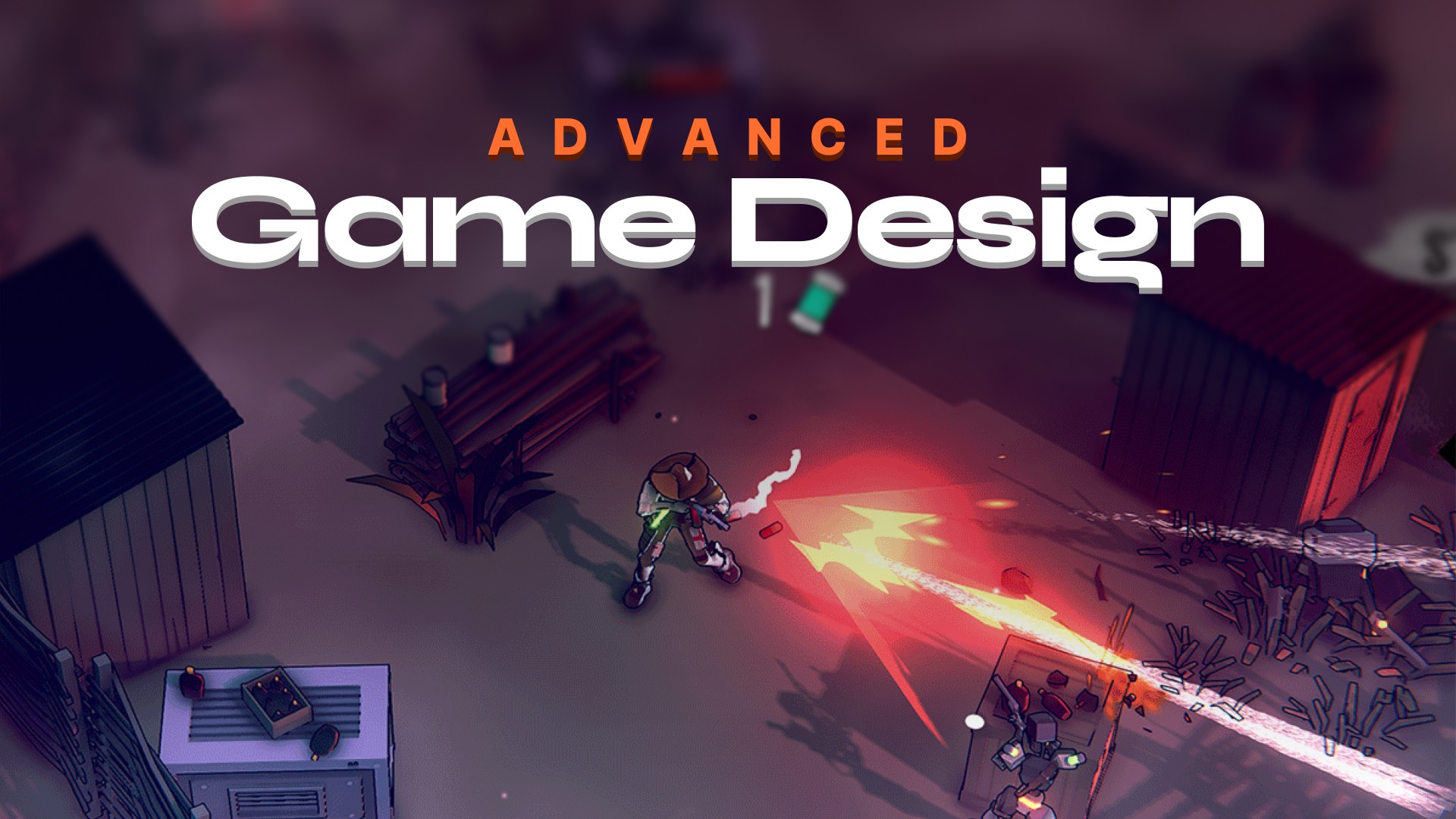 Top-down game scene with character shooting in stylized environment and text ‘Advanced Game Design.’