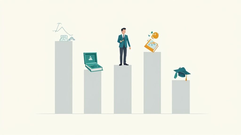 Illustration of a businessman on the highest bar, surrounded by symbols of assets, technology, and education.