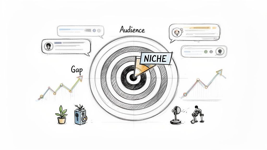 Hand-drawn illustration of a target audience, niche market, and market gap analysis for product strategy.