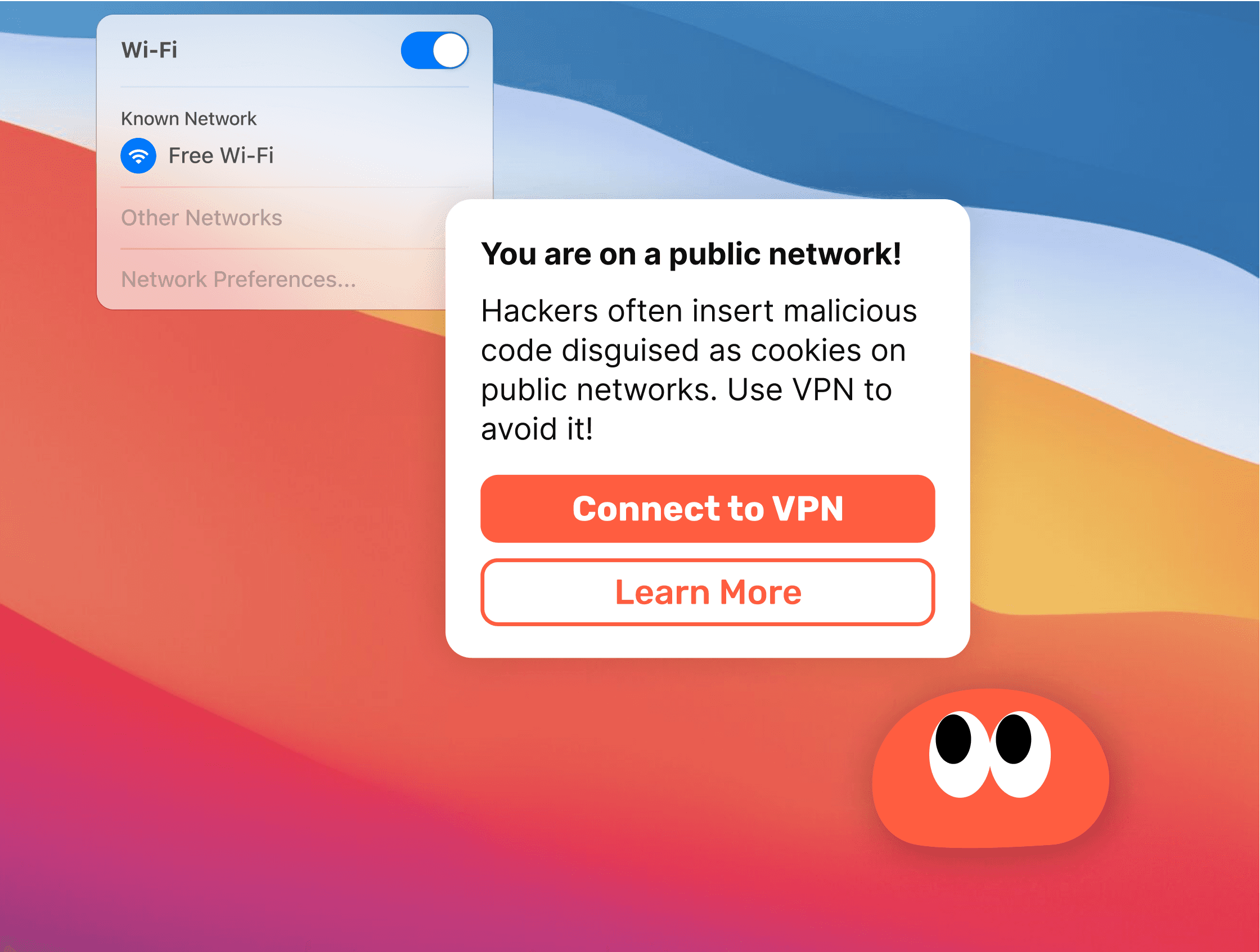 Cosmo is showing a notification, encouraging users to turn on VPN because they have been connecting to a public network.