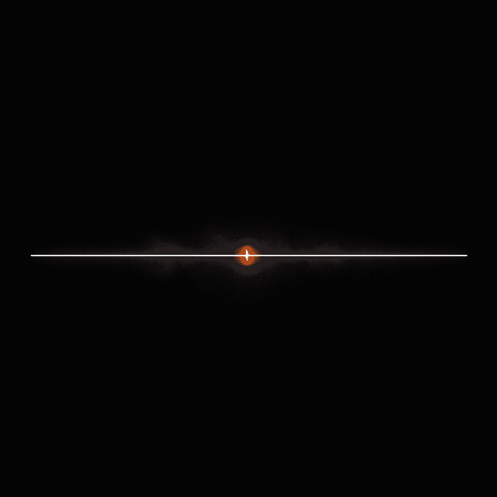 Single thin line of light bisecting deep black void, broken at center glowing orange