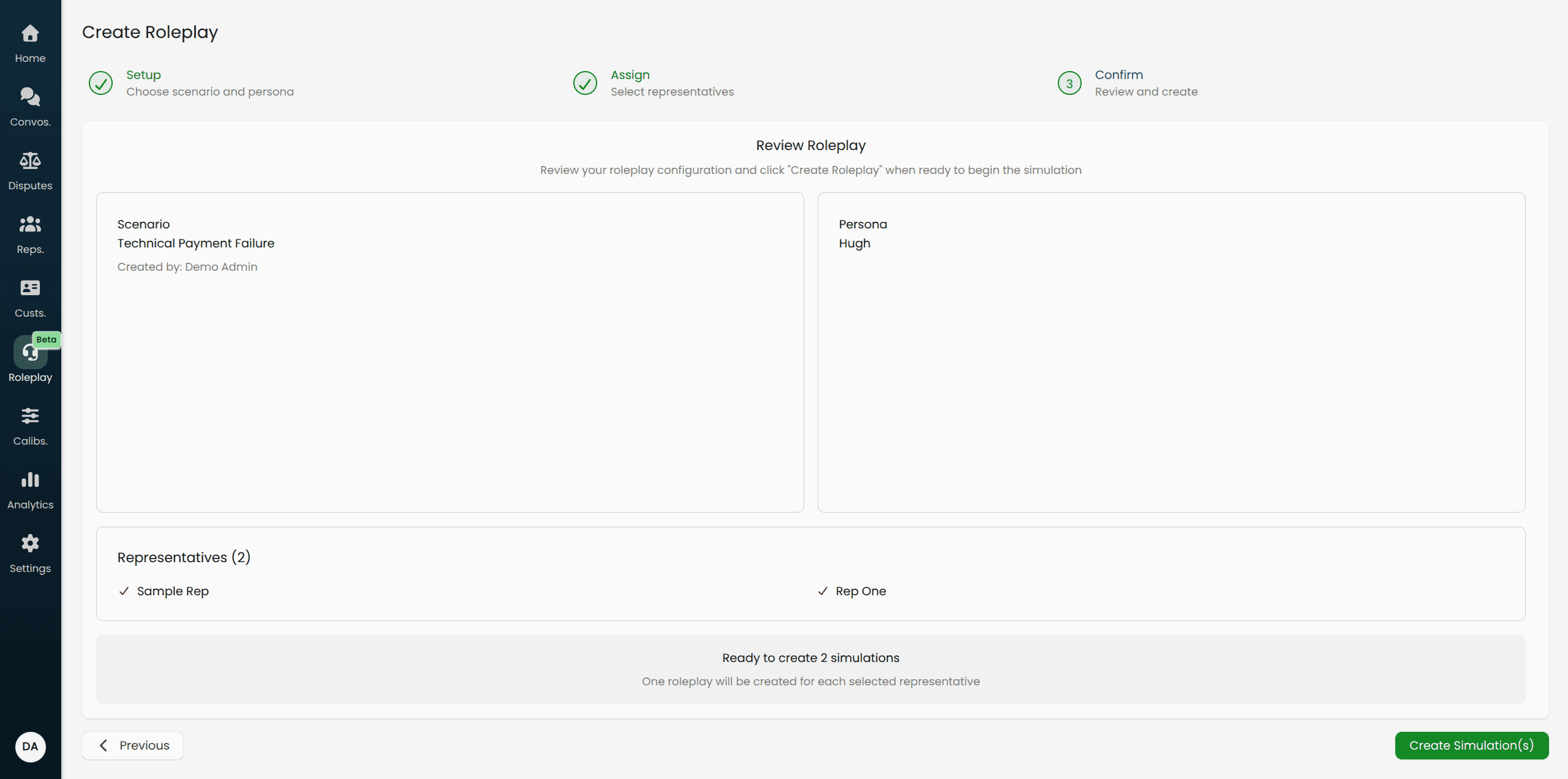 Screenshot of Step 3 showing the review cards for Scenario and Persona side by side, the list of selected representatives below, and the "Create Simulation(s)" button.
