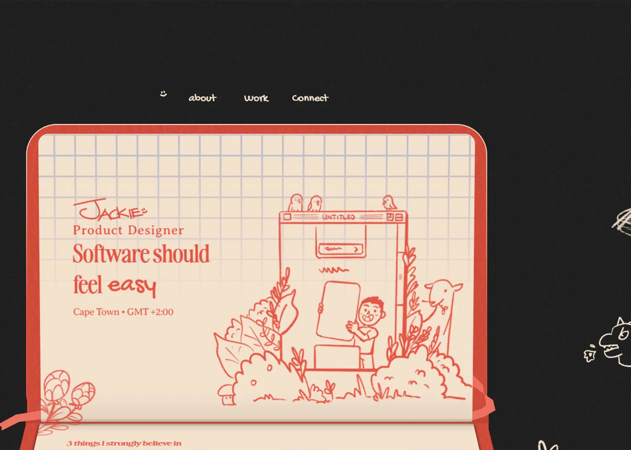 Jackie Zhang portfolio website combining hand-drawn illustrations, editorial typography, and storytelling through playful visual design.
