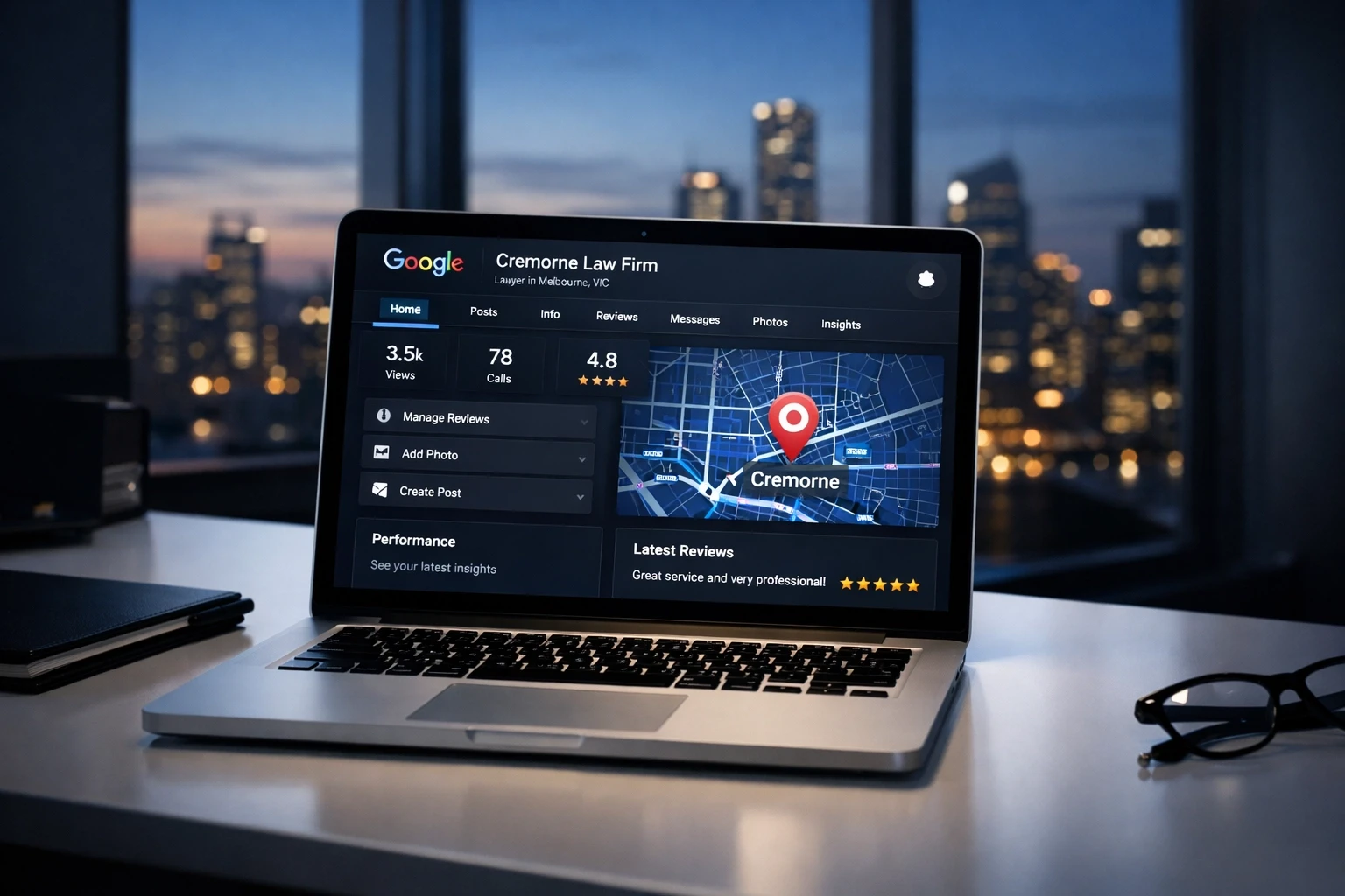 Google Business Profile dashboard showing Cremorne lawyer local SEO optimization