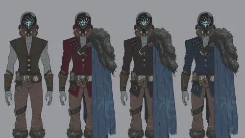 Concept art designs featuring four different versions of Marchion Ro in various vests and coats