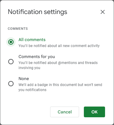 “Notification settings” window looks like